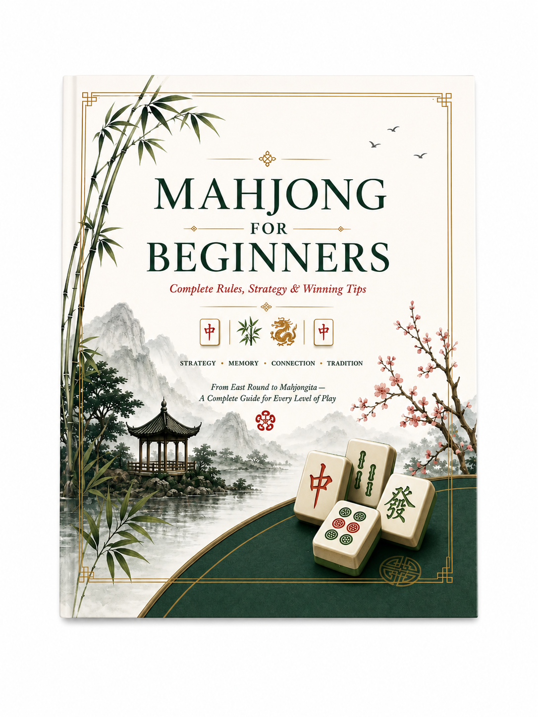 Front cover of Mahjong for Beginners book with bamboo, pagoda, and laid-out tiles