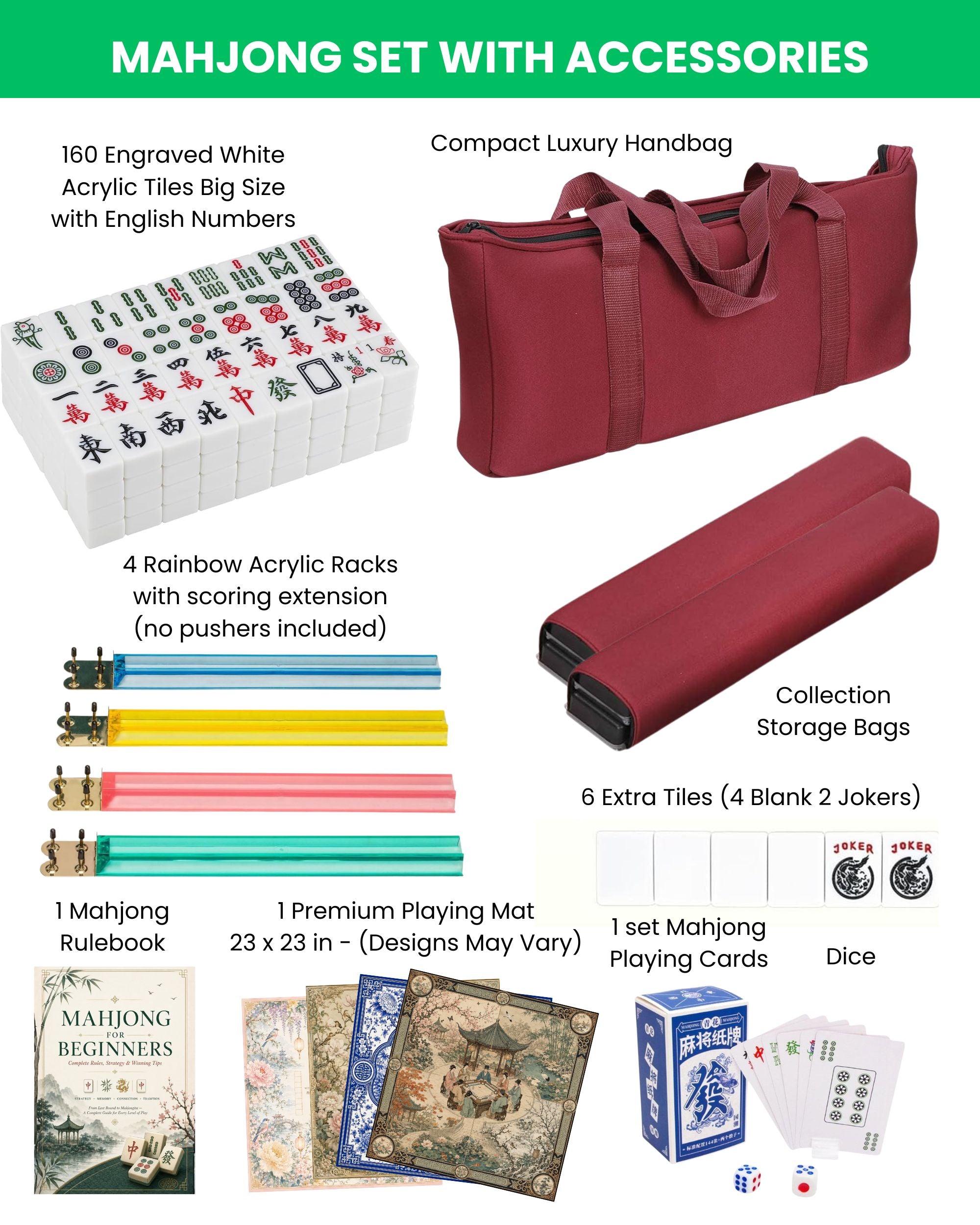 Premsons® Premium Mahjong Set – 166 Large Engraved Acrylic Tiles with English Numbers, 4 Acrylic Racks, Travel Carry Bag, Mahjongg Mat, Playing Cards & Accessories - Complete Mah Jong Kit - White