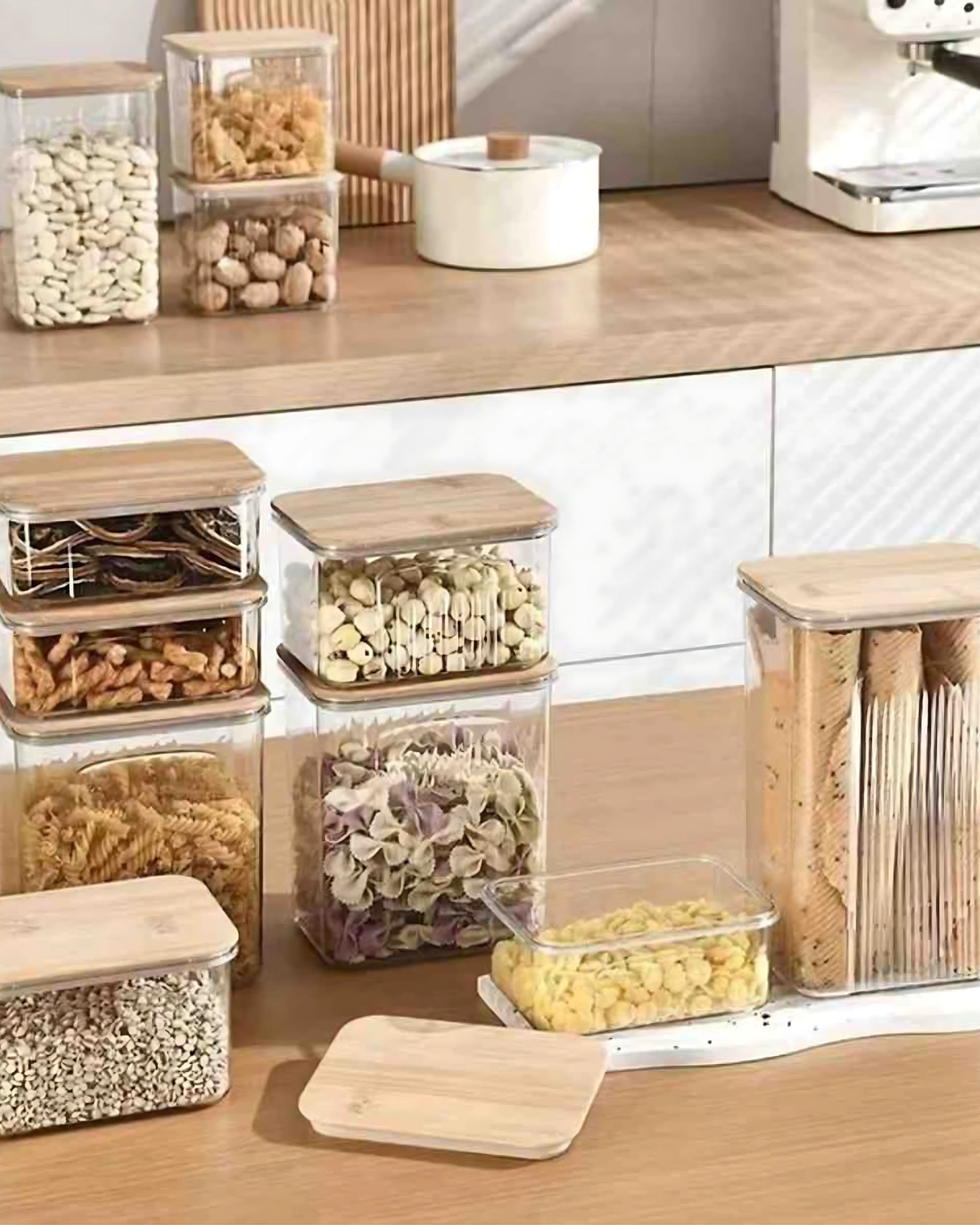Premsons® Acrylic Transparent Storage Container with Bamboo Lid – Airtight Rectangular Food Jar for Kitchen & Pantry Organization