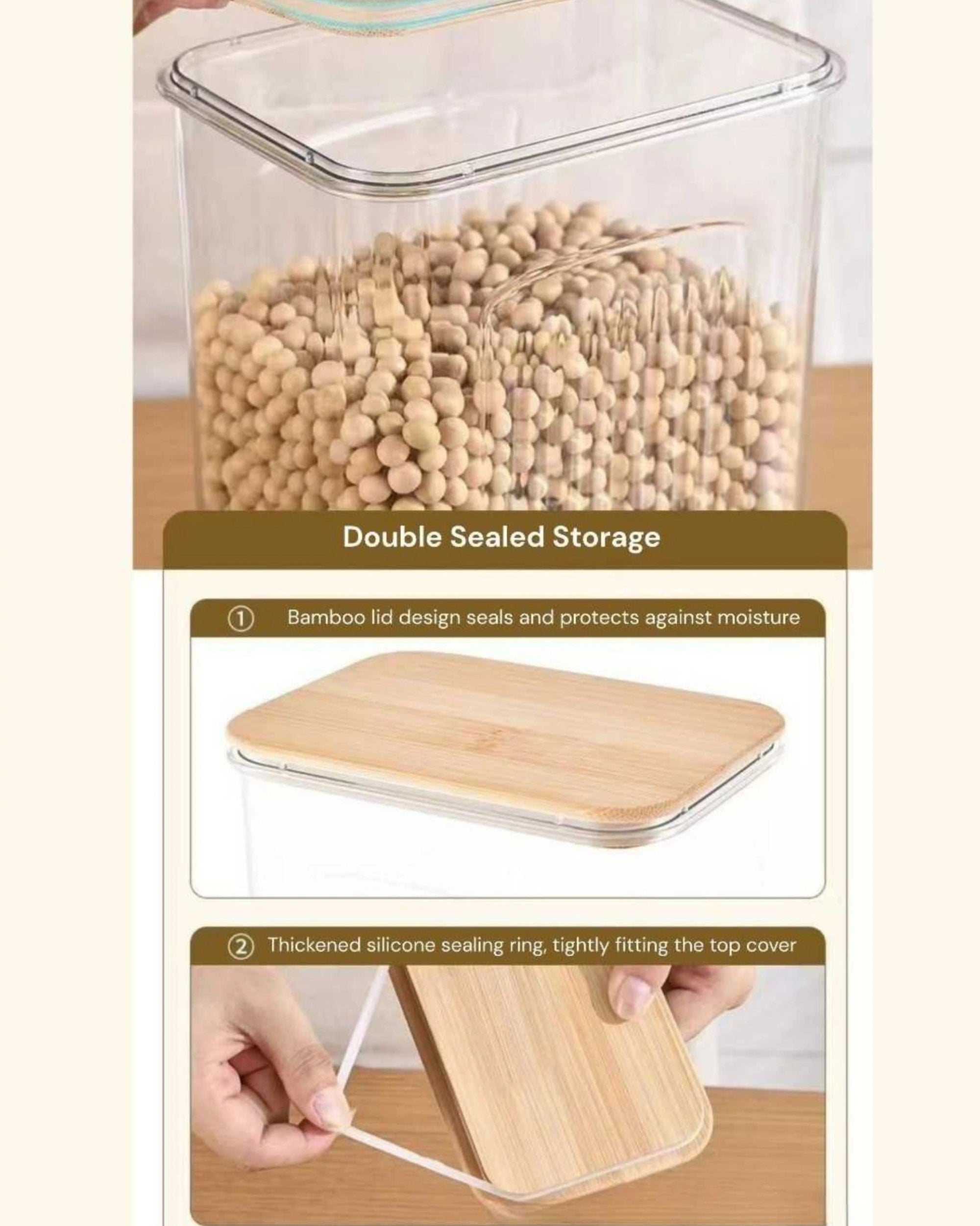 Premsons® Acrylic Transparent Storage Container with Bamboo Lid – Airtight Rectangular Food Jar for Kitchen & Pantry Organization