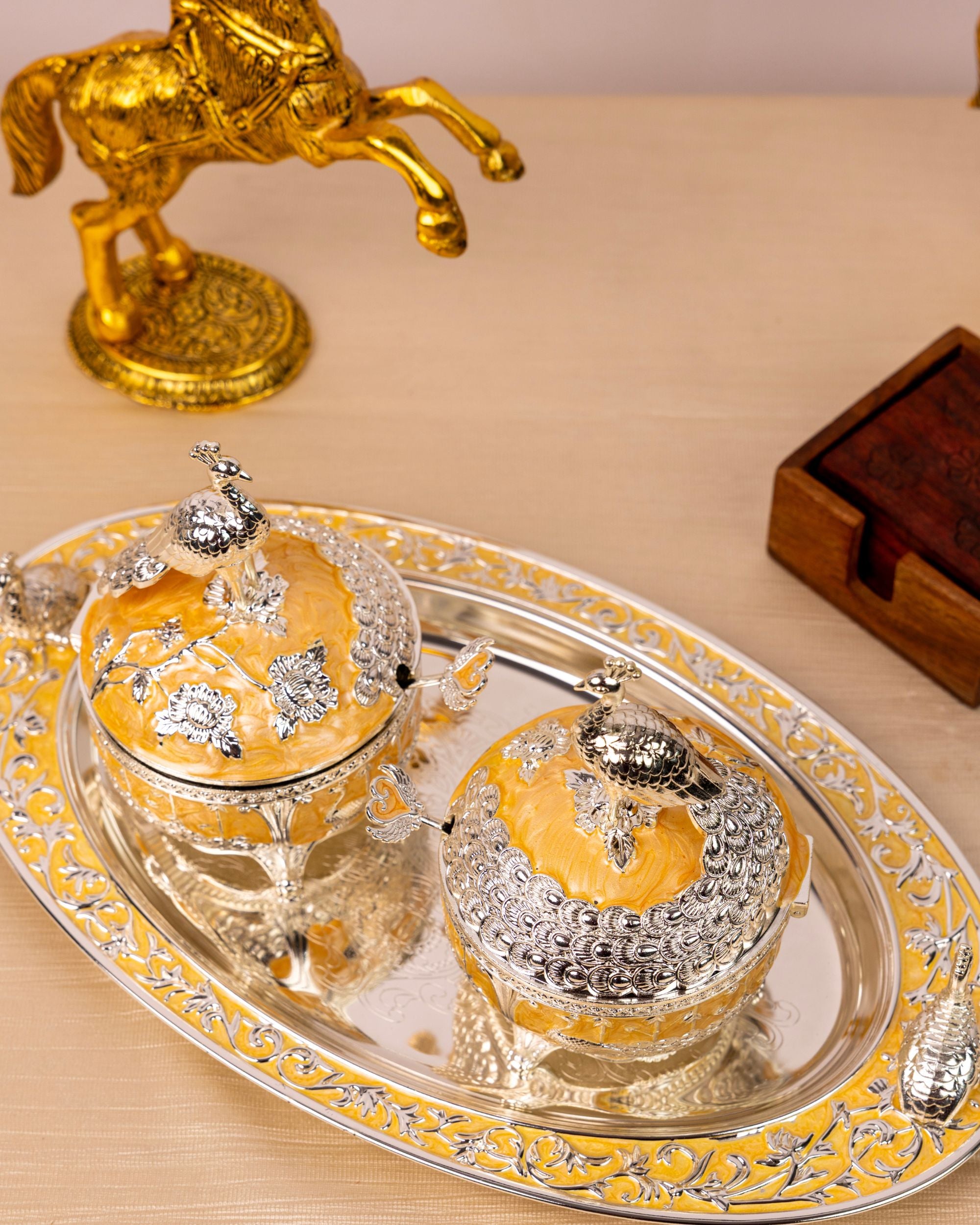 Premsons® Luxury Peacock Dry Fruit Bowl Set with Decorative Tray – Premium Covered Serving Bowls for Chocolates, Saunf, Mukhwas & Dry Fruits | Elegant Dining Table & Festive Décor Set