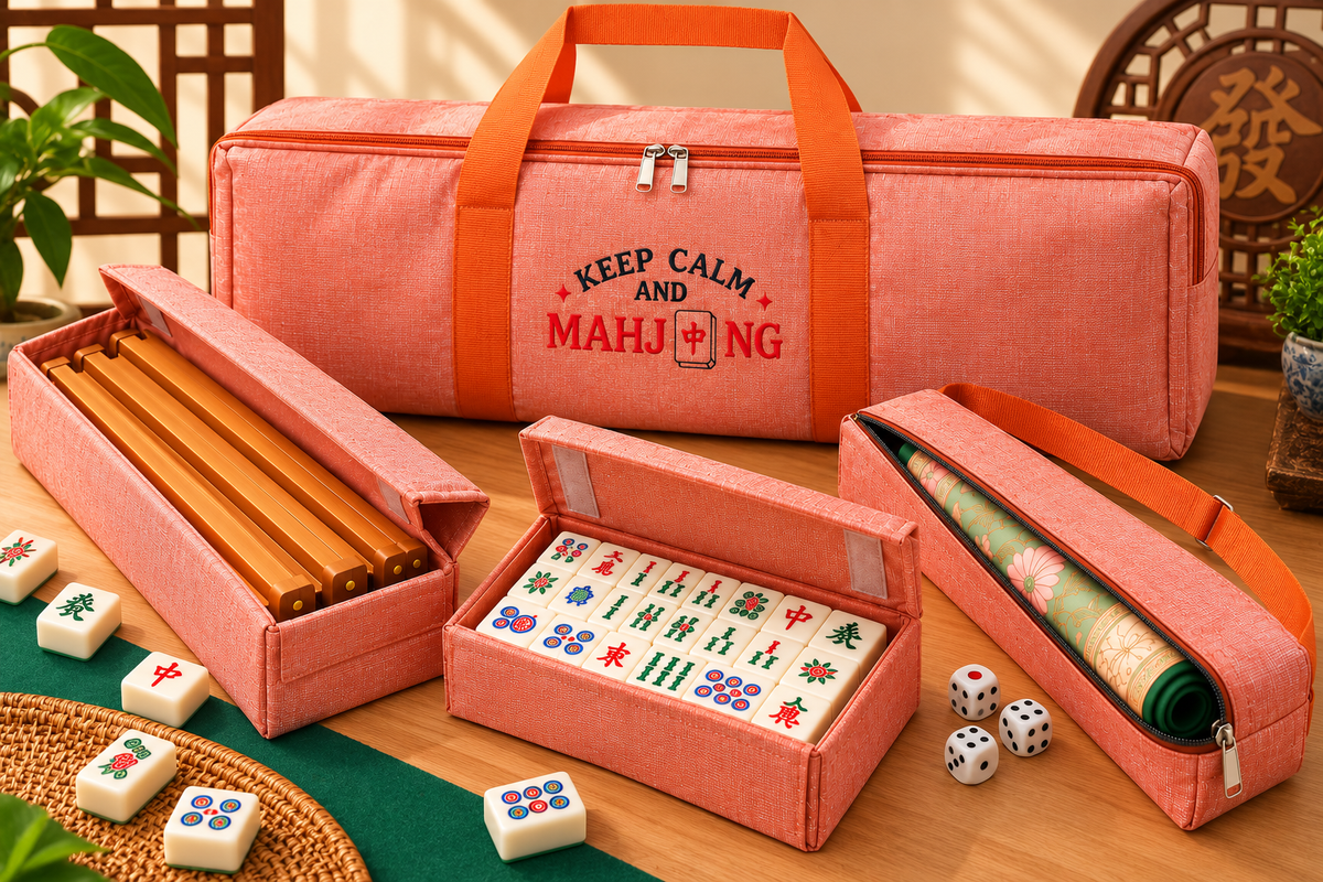 Premsons® Premium Mahjong Carry Bag Set with Tile Case, Wooden Rack Holder and Mat Bag-Coral Orange