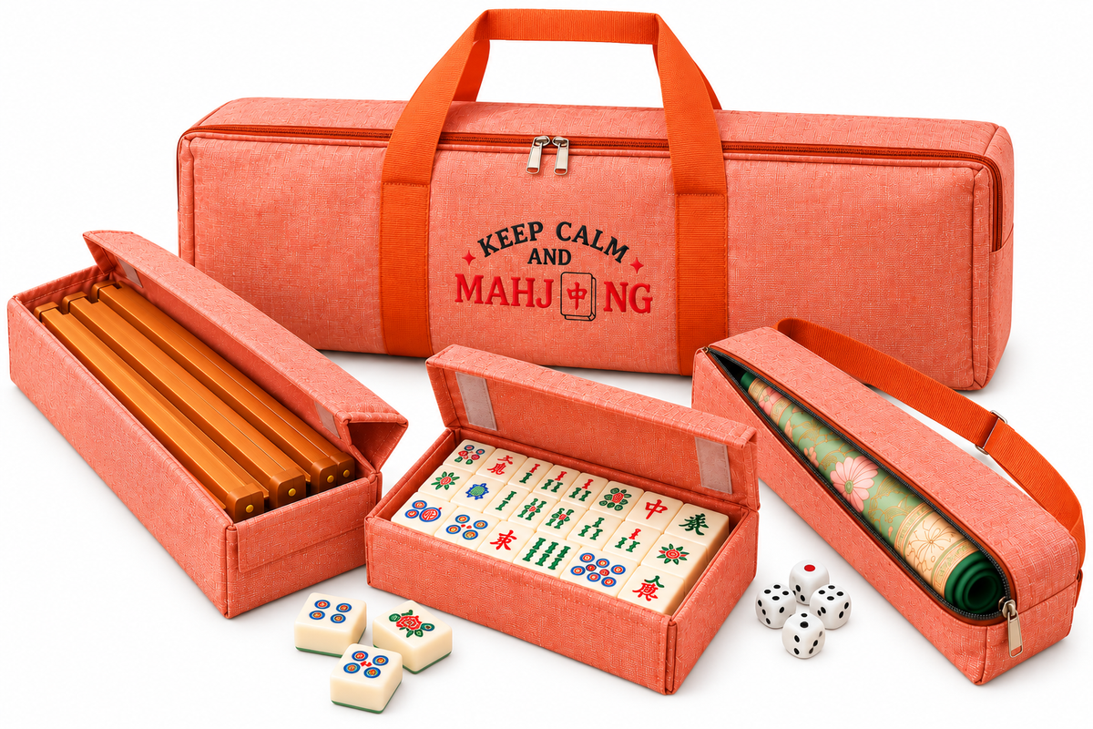 Premsons® Premium Mahjong Carry Bag Set with Tile Case, Wooden Rack Holder and Mat Bag-Coral Orange