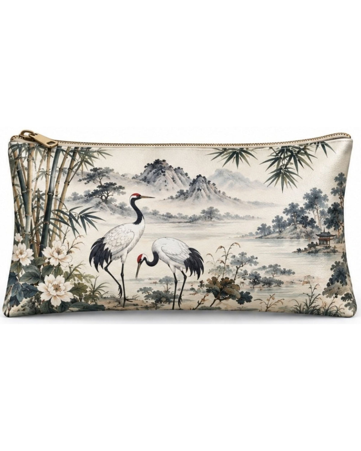 Premsons® Cranes Above West Lake Vegan Leather Zipper Pouch – Multipurpose Organiser – S, M, L & XL
