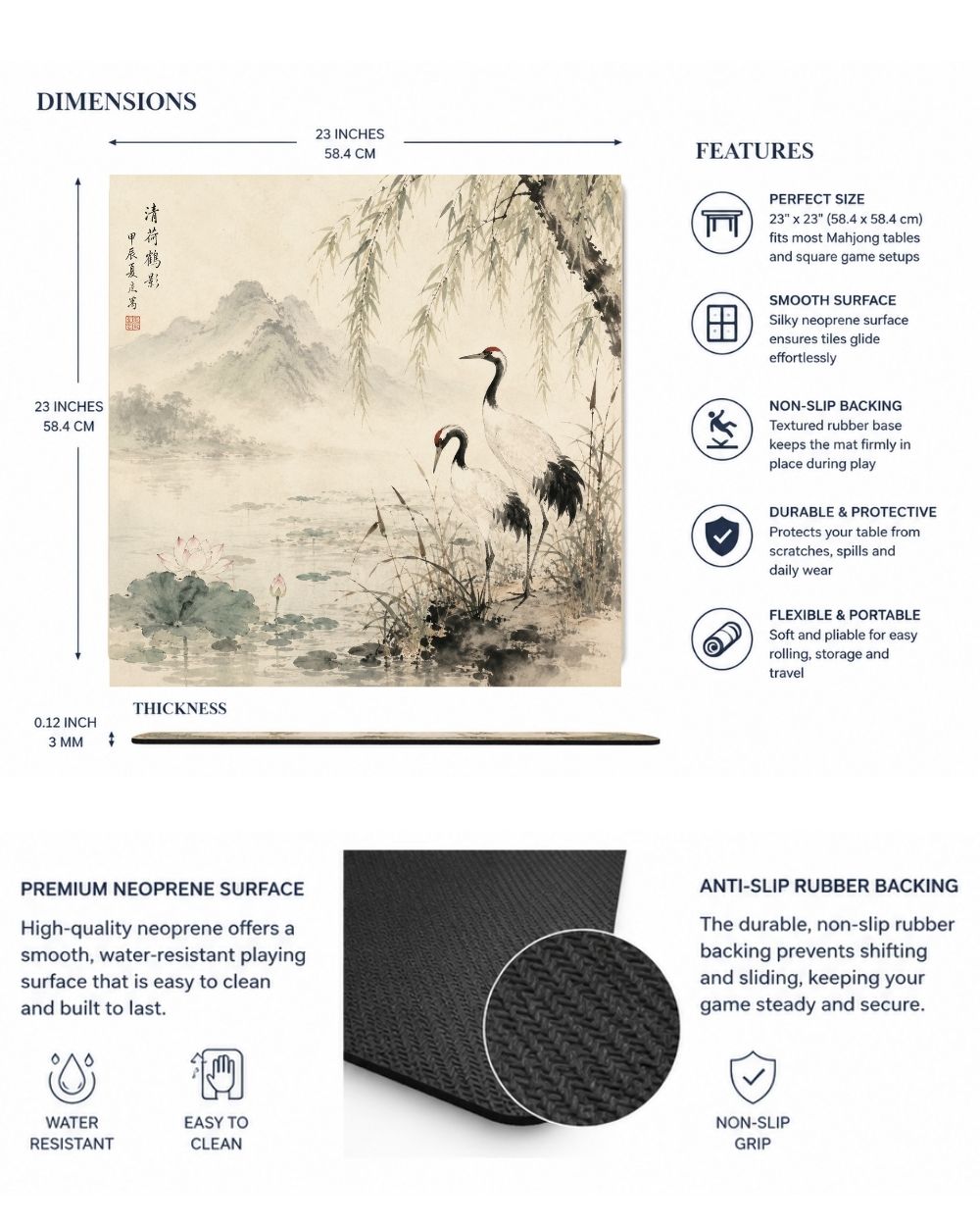 Premsons® Cranes Above West Lake Mahjong Table Mat – Premium Anti-Slip Square Gaming & Decorative Mat - 23 x 23 inch - Versatile Non-Slip Play Surface