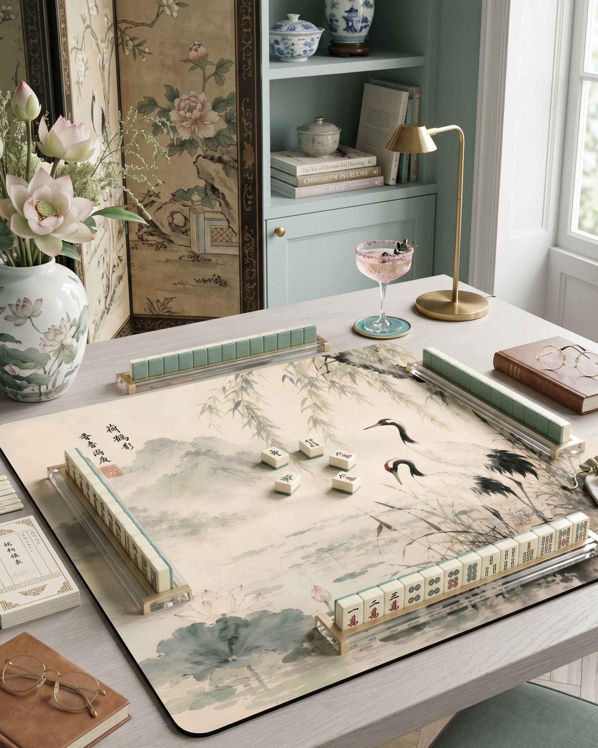 Square mahjong table mat with crane and bamboo illustration on light cream, anti-slip