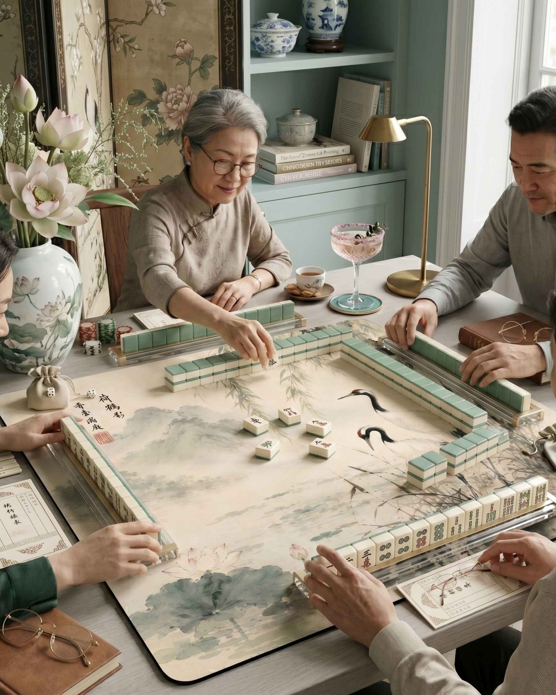 Square mahjong table mat with crane-and-bamboo artwork, used as non-slip tabletop during play