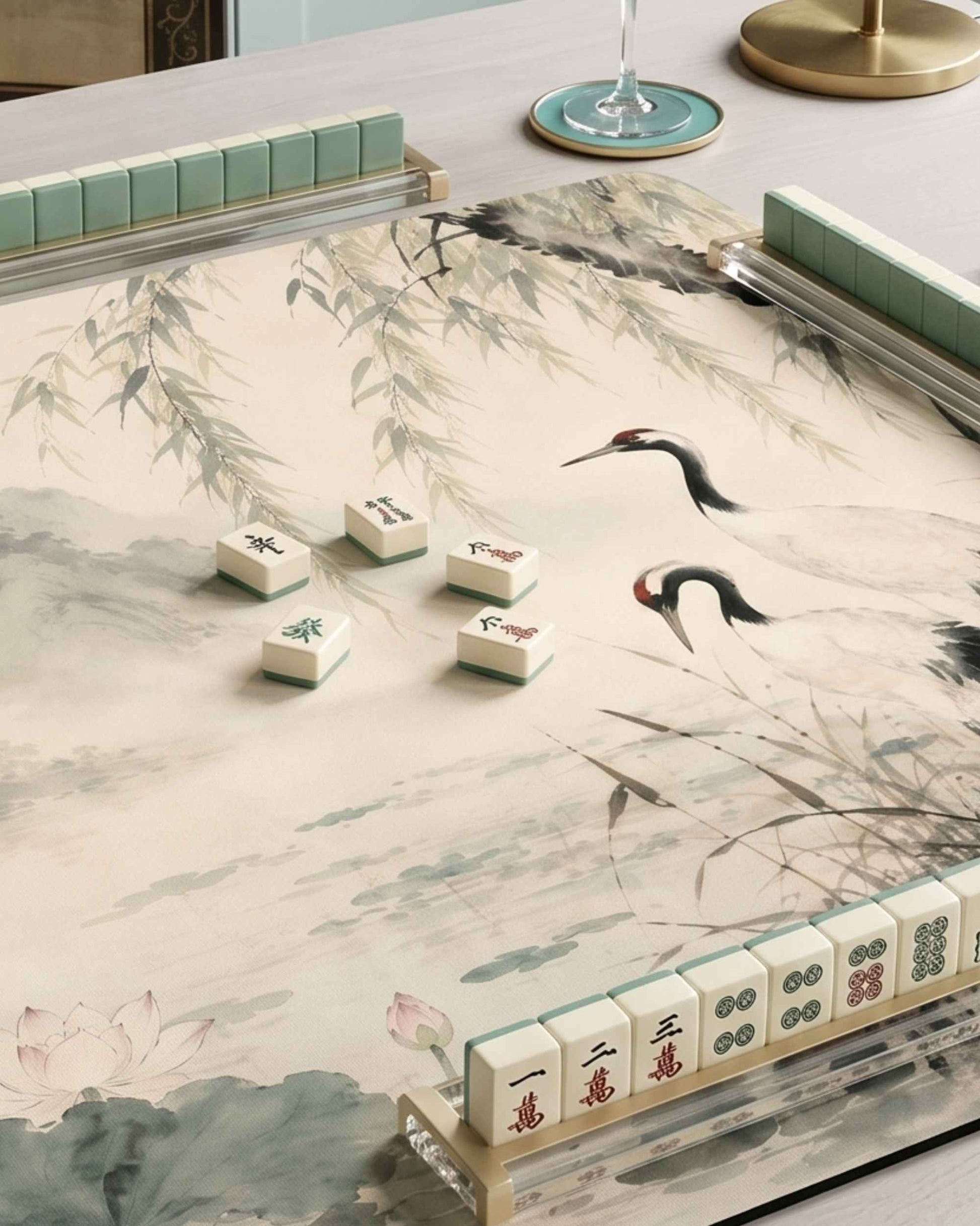 Square mahjong table mat with crane, bamboo, and pale grid border; anti-slip surface