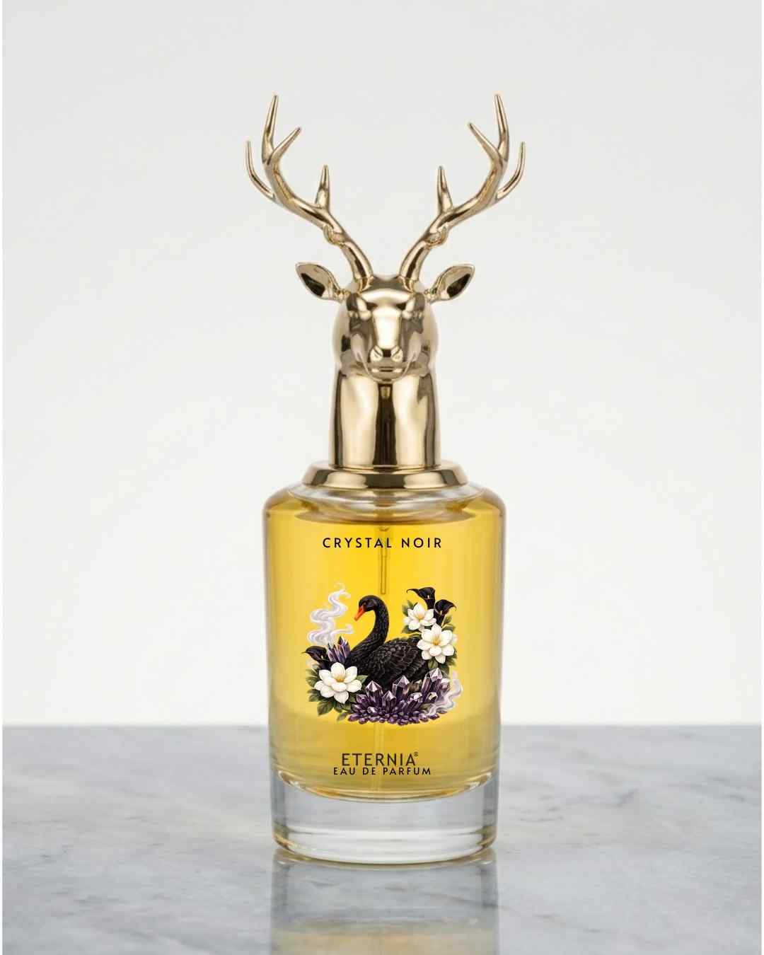 Eternia Crystal Noir eau de parfum bottle with gold deer antler cap