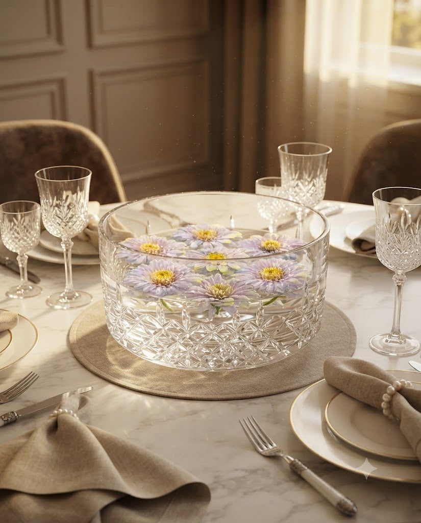 Lavender artificial floating lotus flowers in a clear round centerpiece bowl