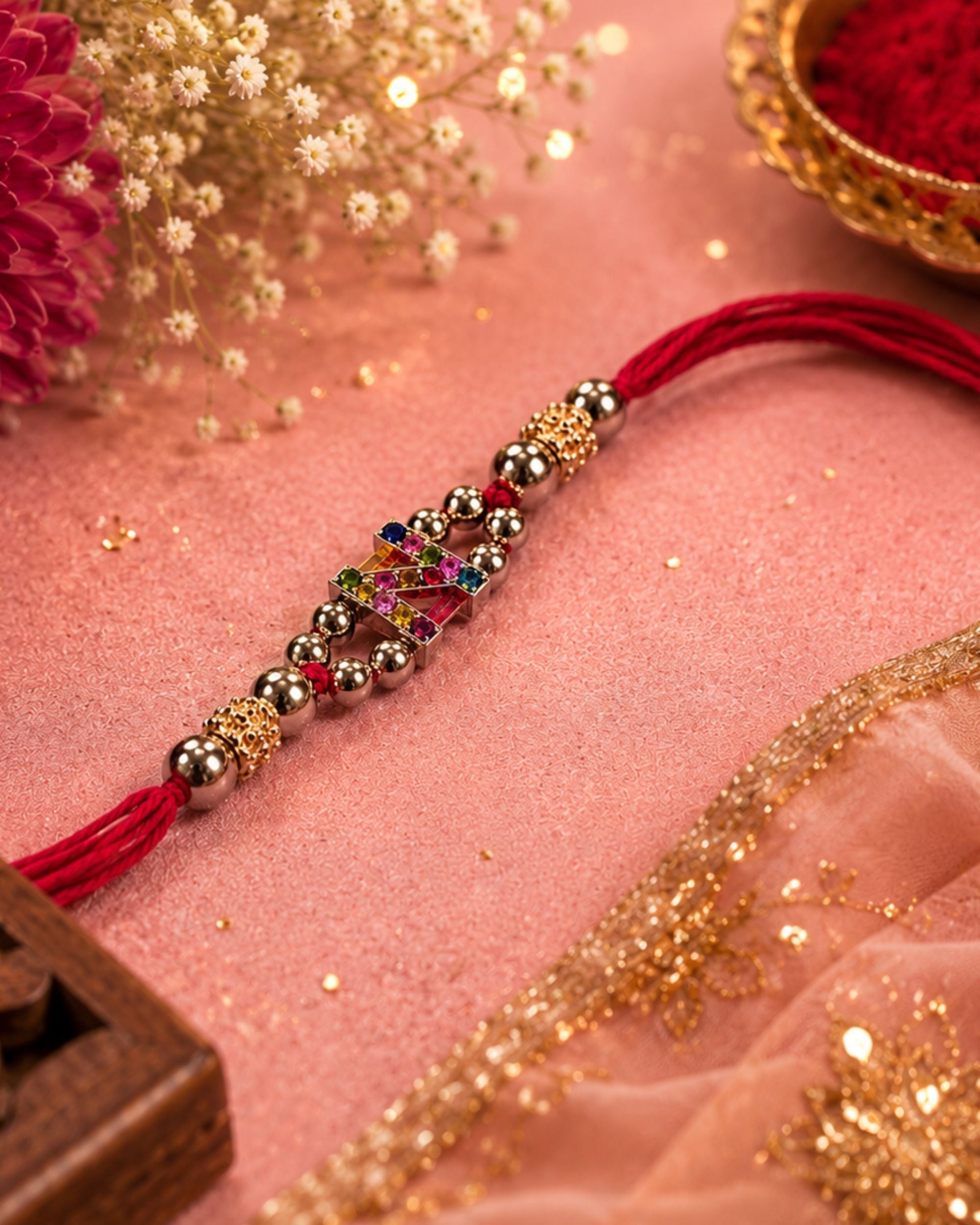 Premsons® Personalized Alphabet Rakhi – Red Thread Crystal Initial Rakhi for Brother