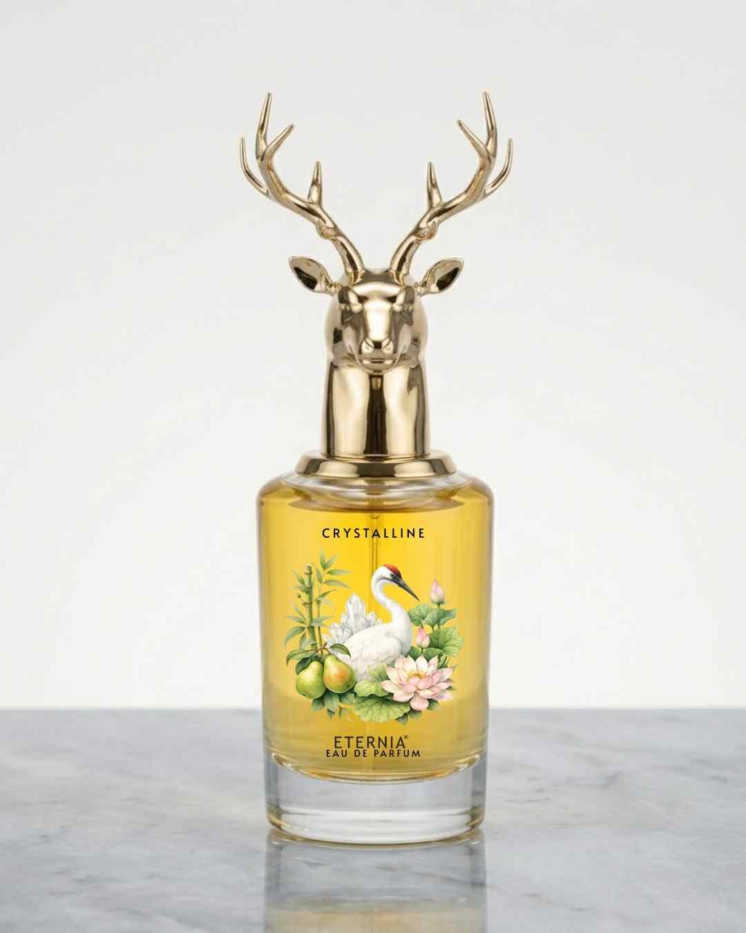 Eternia Crystalline eau de parfum bottle with gold deer cap and amber liquid