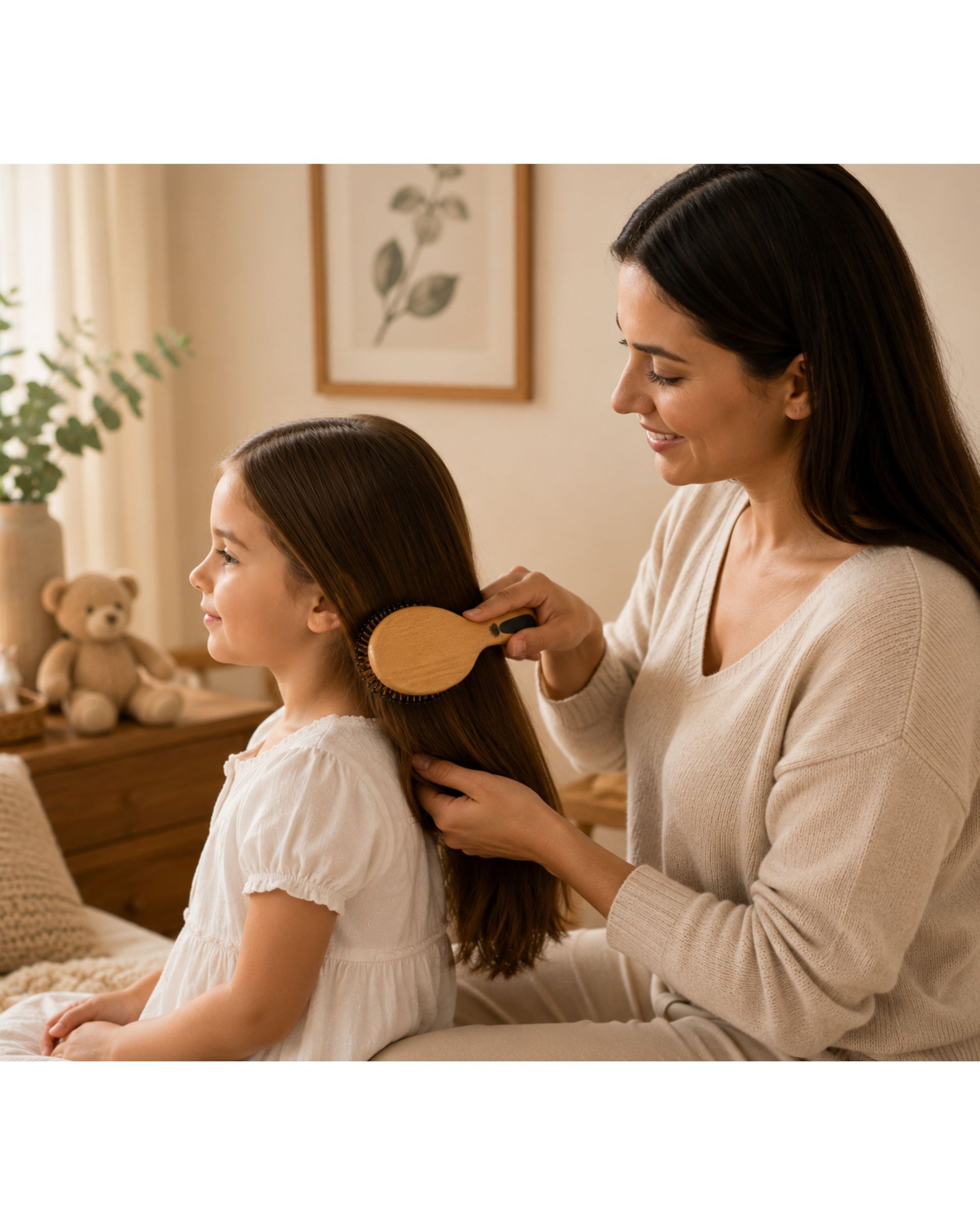 Hair brush in use: beechwood cushion brush with bristles detangling a child's hair.