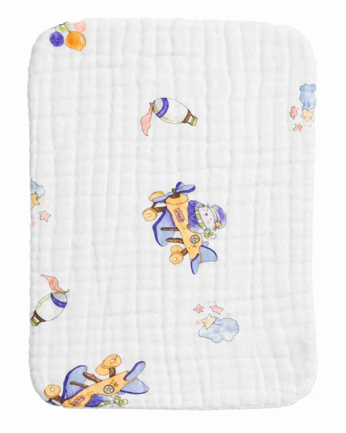 Square white quilted burp cloth with central yellow-blue airplane illustration