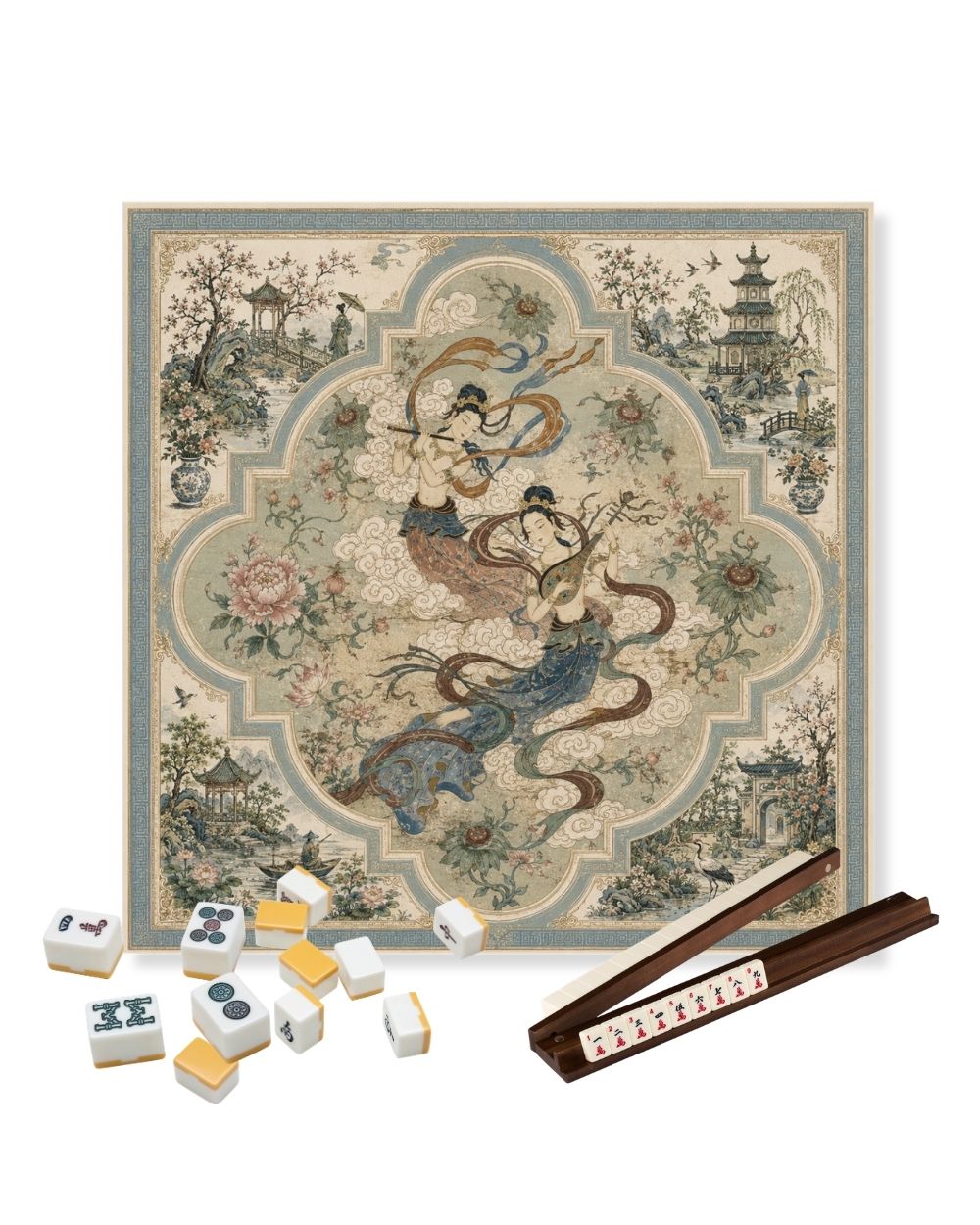 Premsons® Dance of the Apsaras Mahjong Table Mat – Premium Anti-Slip Square Gaming & Decorative Mat - 23 x 23 inch - Versatile Non-Slip Play Surface