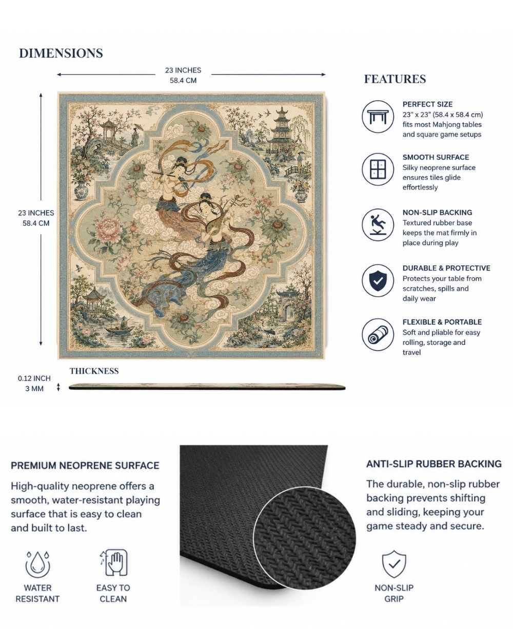 Premsons® Dance of the Apsaras Mahjong Table Mat – Premium Anti-Slip Square Gaming & Decorative Mat - 23 x 23 inch - Versatile Non-Slip Play Surface