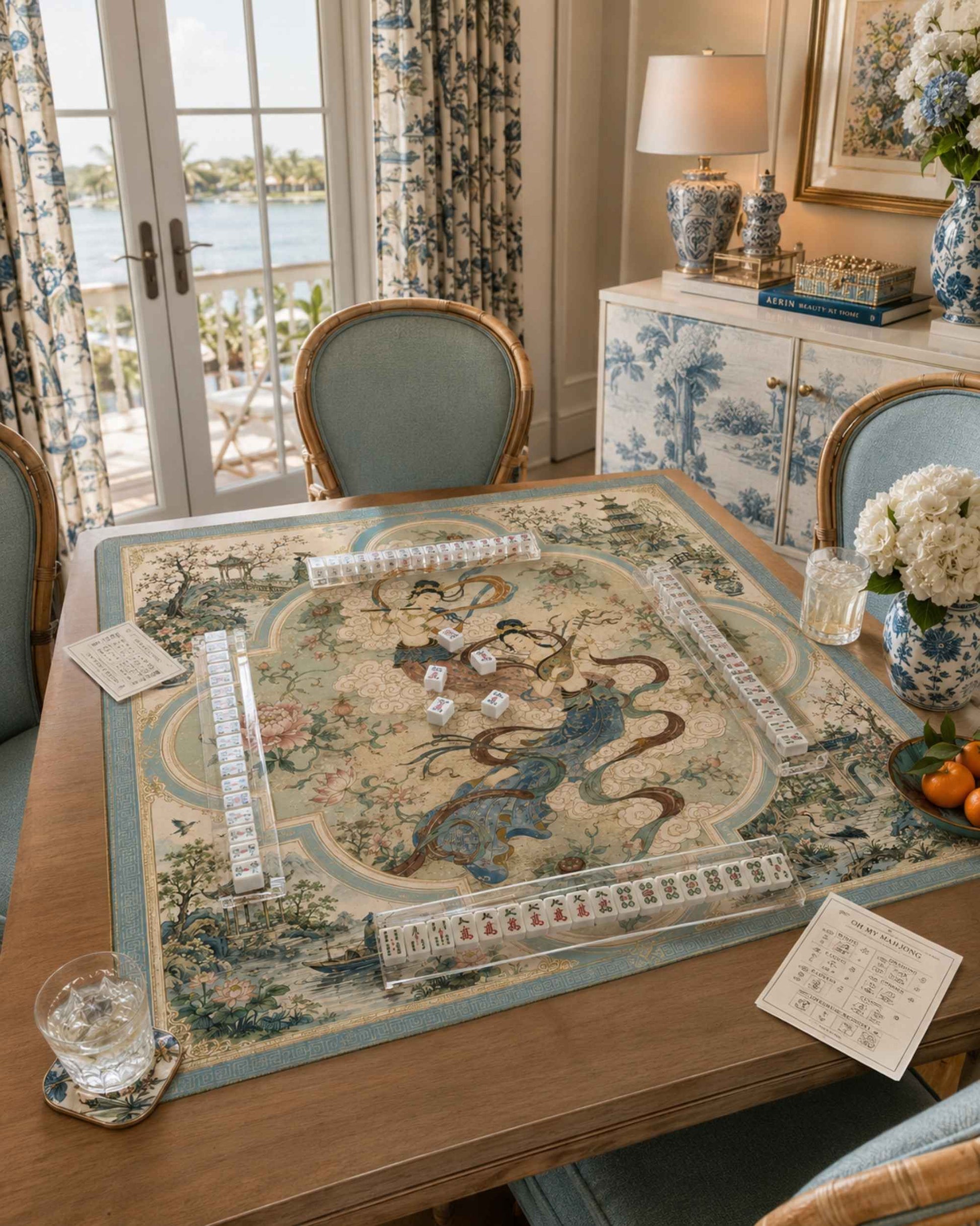 Square decorative Mahjong table mat with blue, cream, and gold border on tabletop