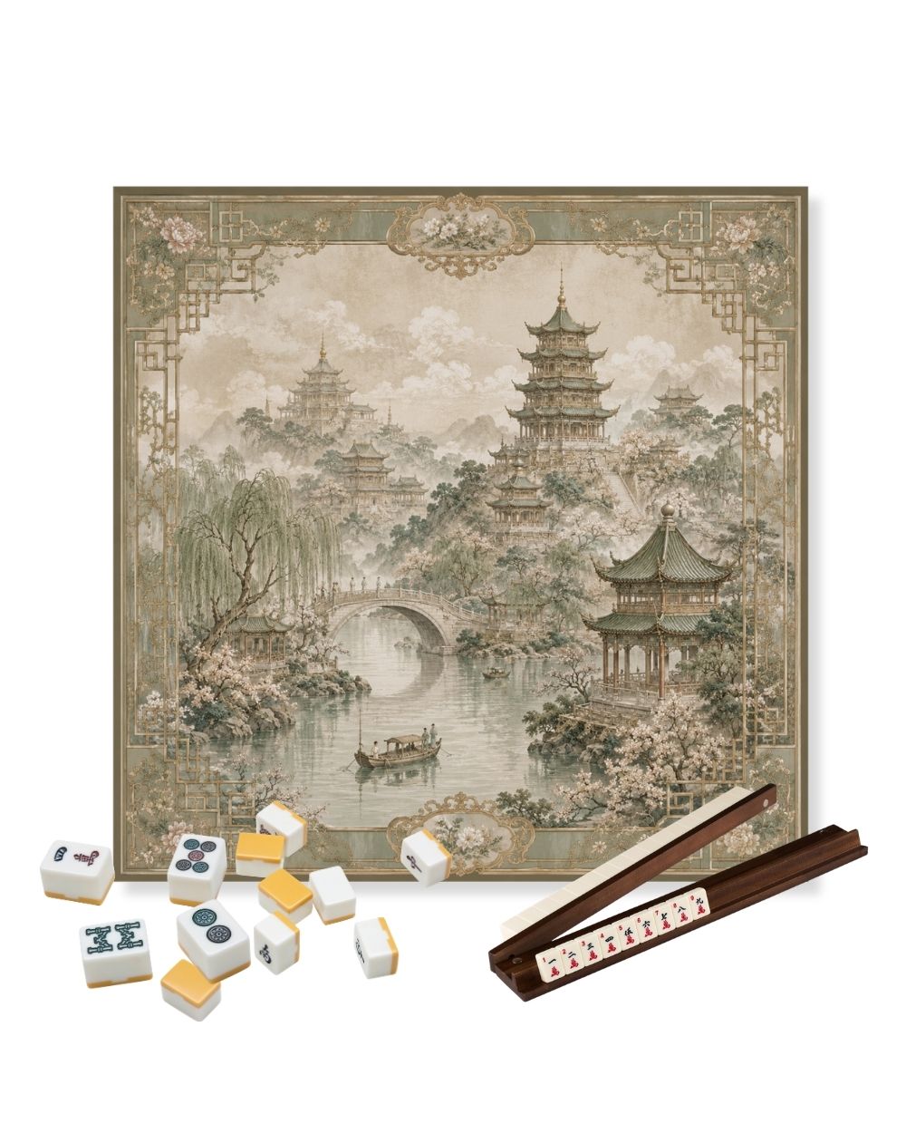 Premsons® Dawn in the Tea Mountains Mahjong Table Mat – Premium Anti-Slip Square Gaming & Decorative Mat - 23 x 23 inch - Versatile Non-Slip Play Surface