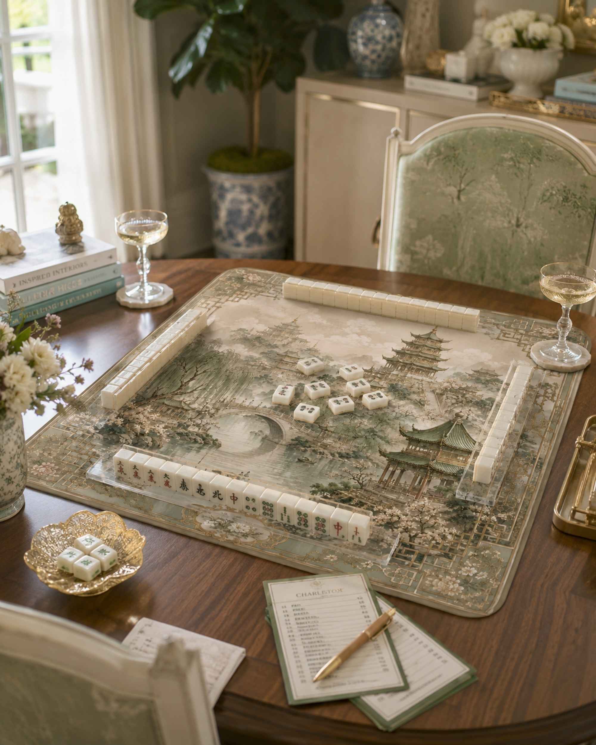 Square mahjong table mat with detailed pagoda scene and scenic border in muted beige