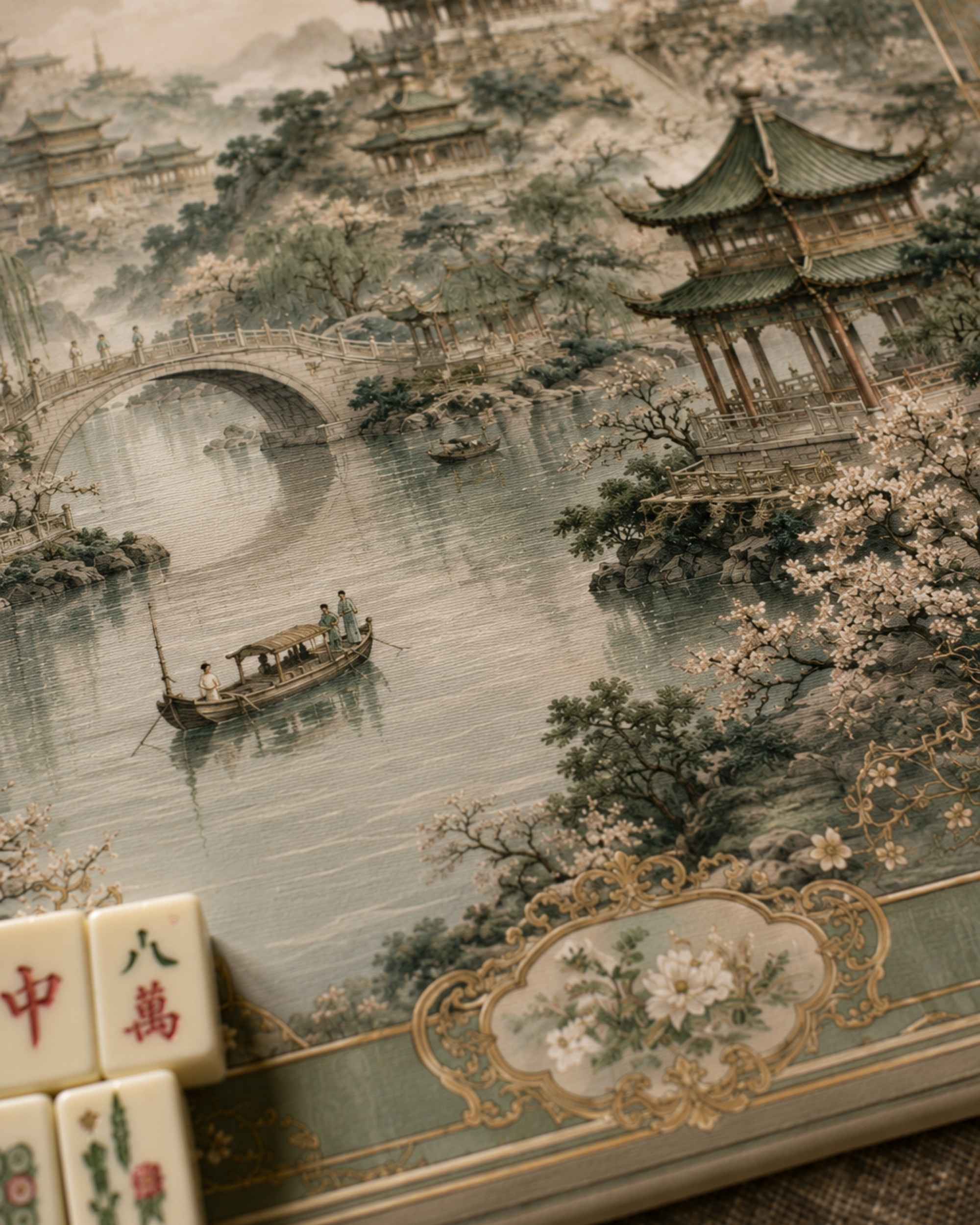 Square mahjong mat showing river and pagoda artwork in beige tones with decorative edge