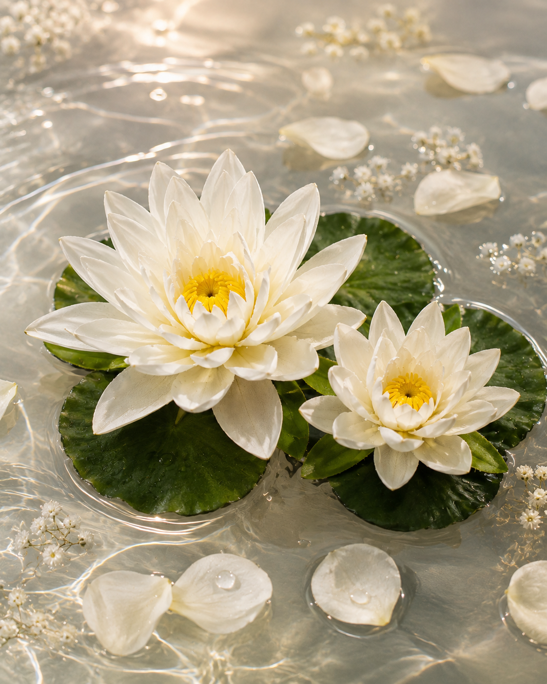 Two white lotus flowers with yellow centers on green lily pads, floating on water
