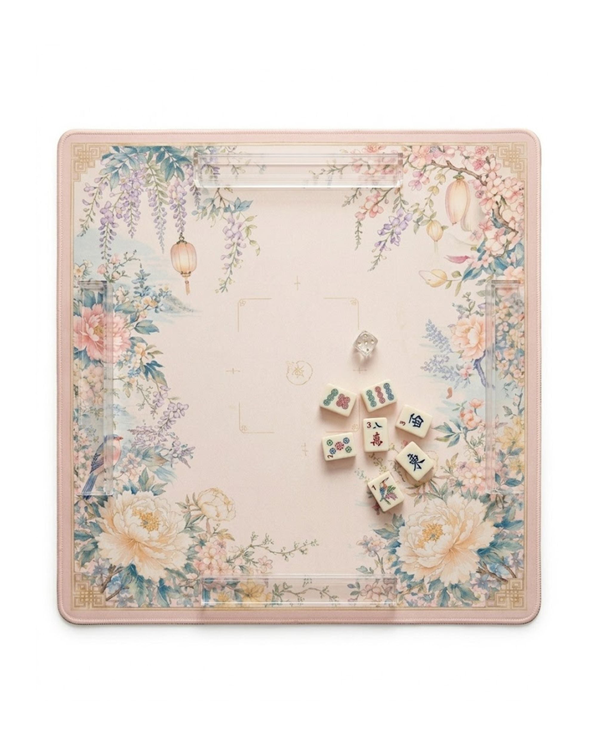 Premsons® Delicate Florals Mahjong Mat – Luxury Padded Mahjong Table Cover with Vintage Peony, Wisteria & Lantern Garden Design, Foldable Non-Slip Gaming Surface