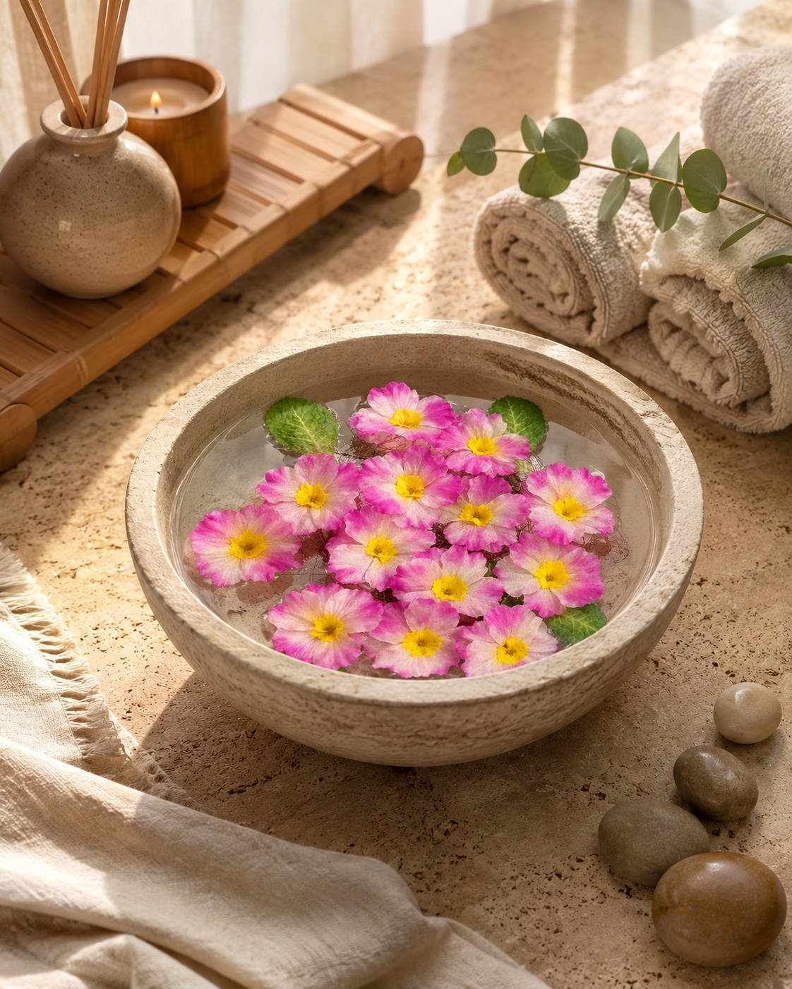 Water bowl filled with pink and white floating artificial flowers with green leaves