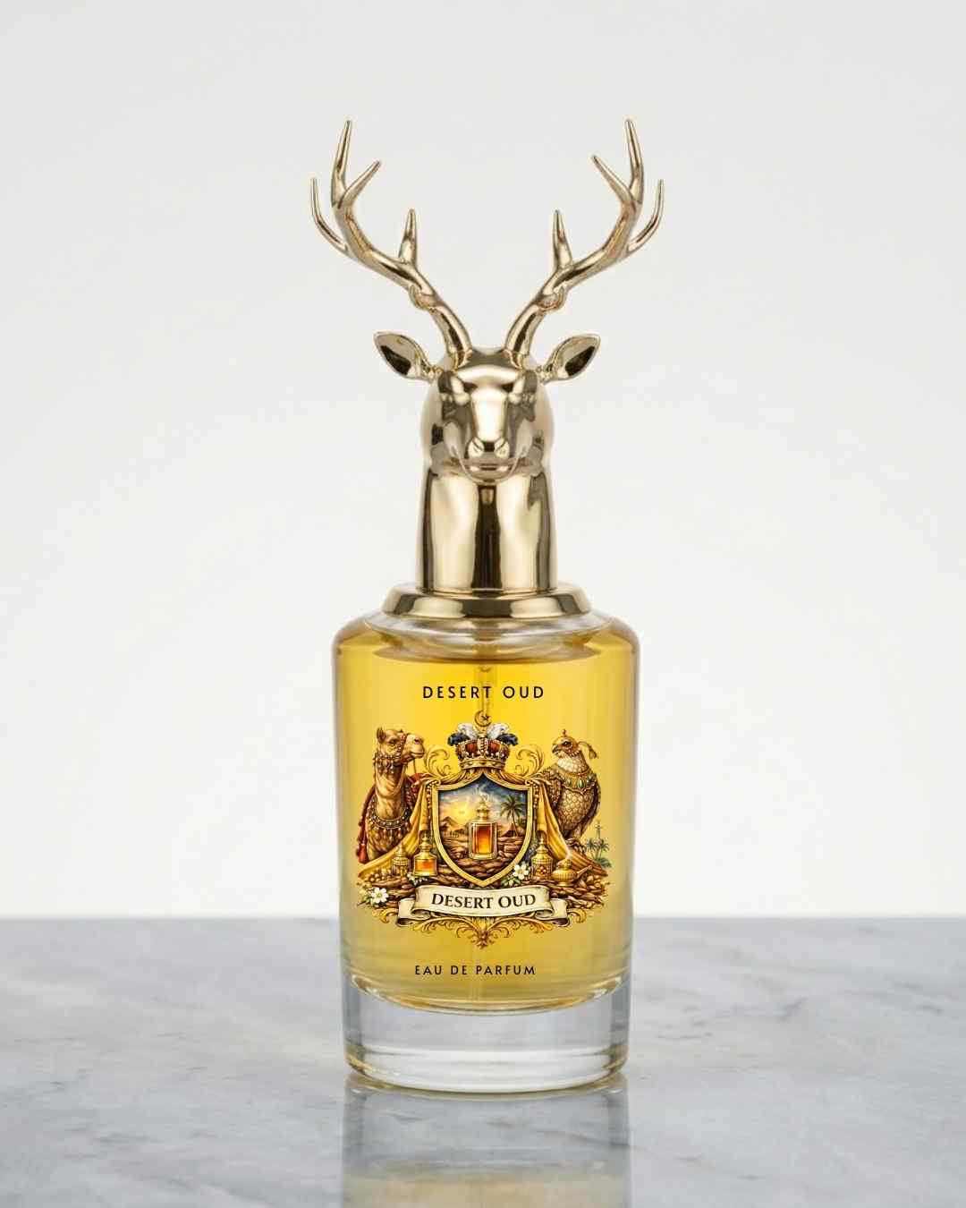 Eau de parfum bottle with gold deer antler cap and Desert Oud label