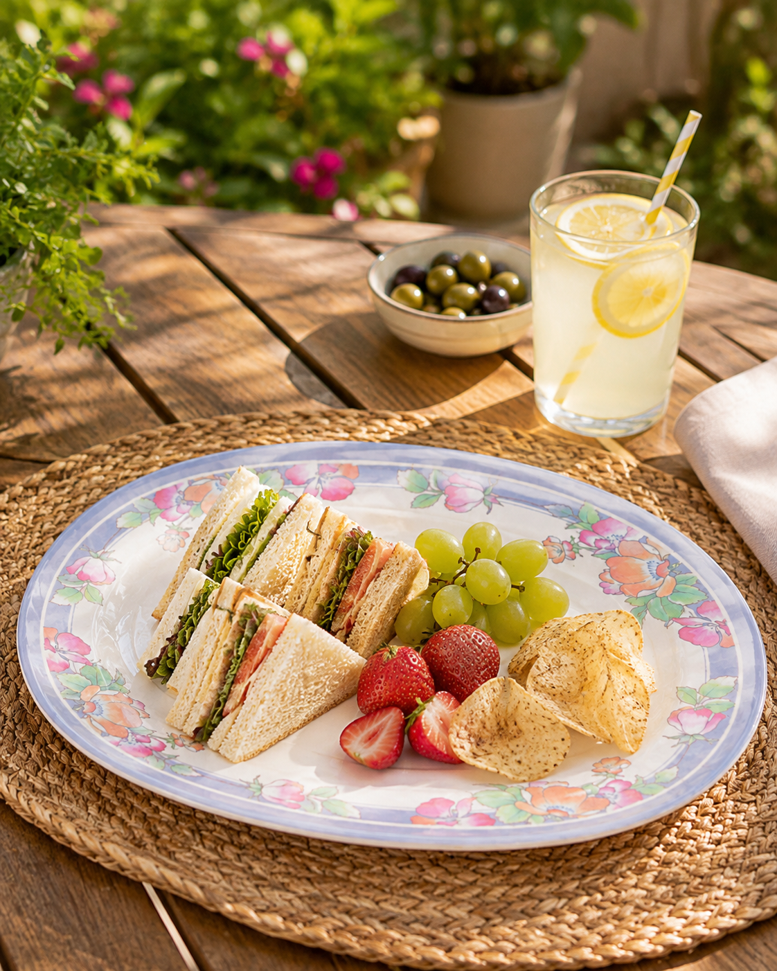 Oval floral serving plate with sandwiches and fruit on a table