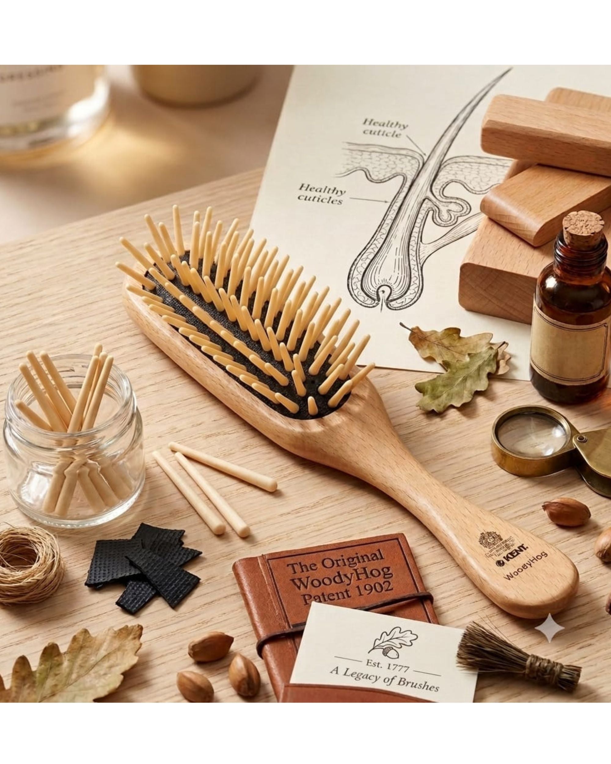 Wooden cushion hair brush with wide pins and oval wooden handle