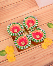 Premsons® Diya's Set of 4 – Red & Green Decorative Candle Lamps for Festive Décor