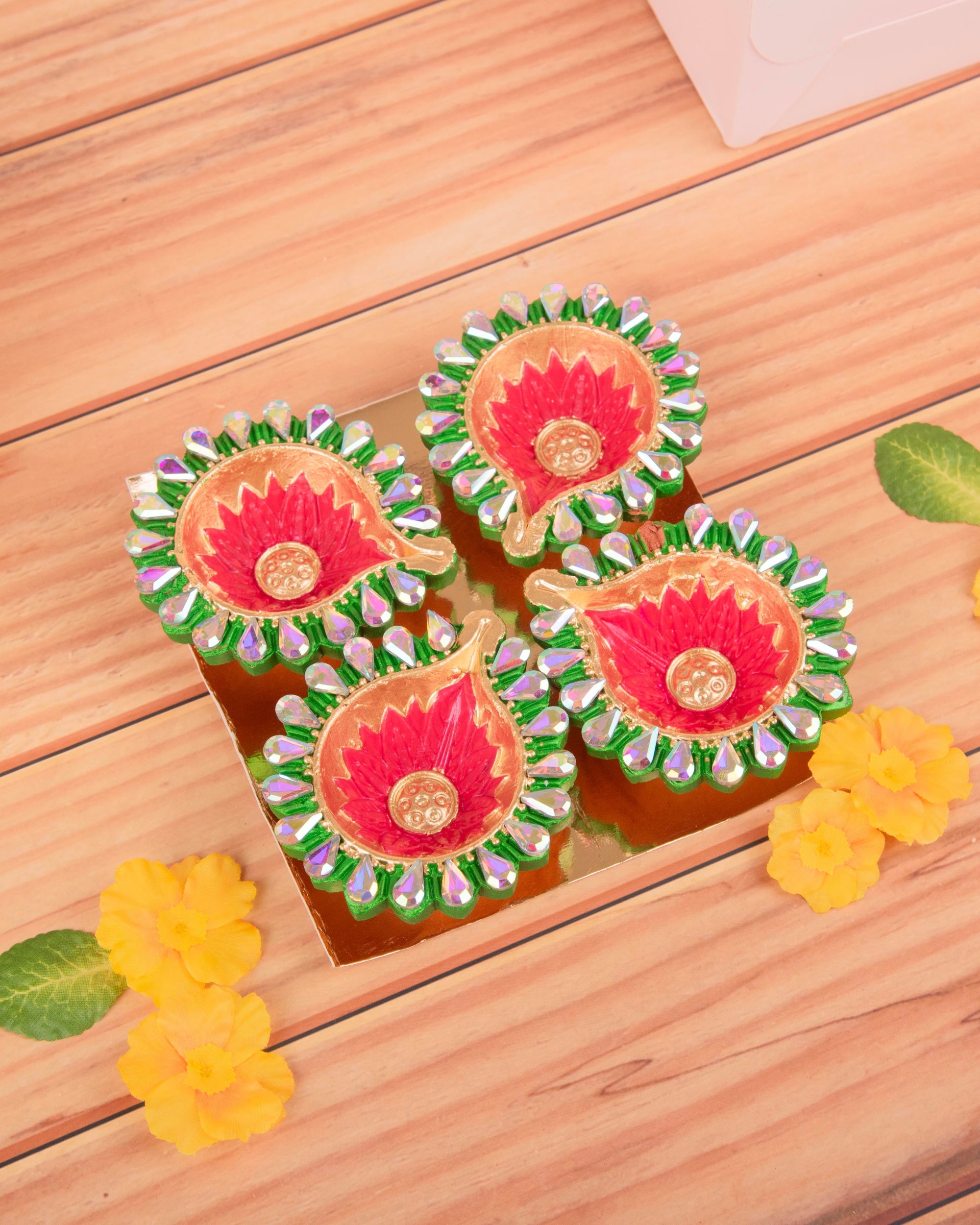 Premsons® Diya's Set of 4 – Red & Green Decorative Candle Lamps for Festive Décor