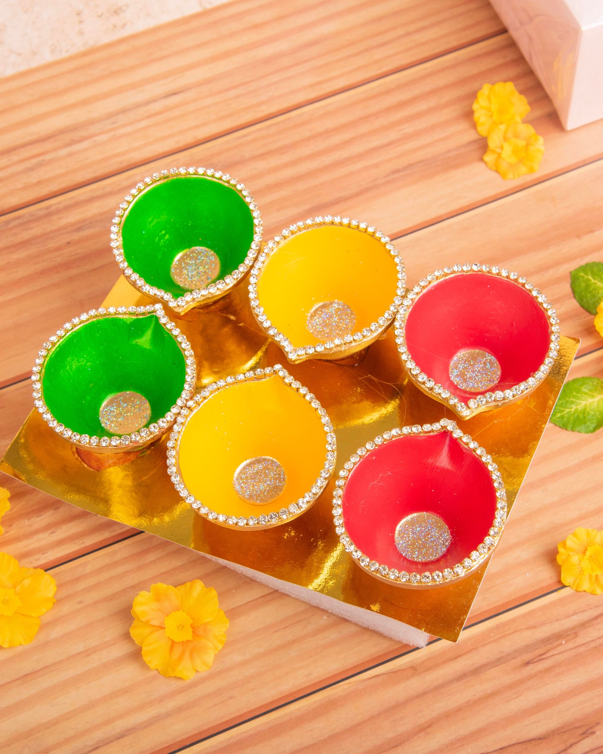 Premsons® Diya Set of 6 – 2 Red, 2 Green & 2 Yellow Decorative Candle Lamps for Diwali & Festive Home Décor