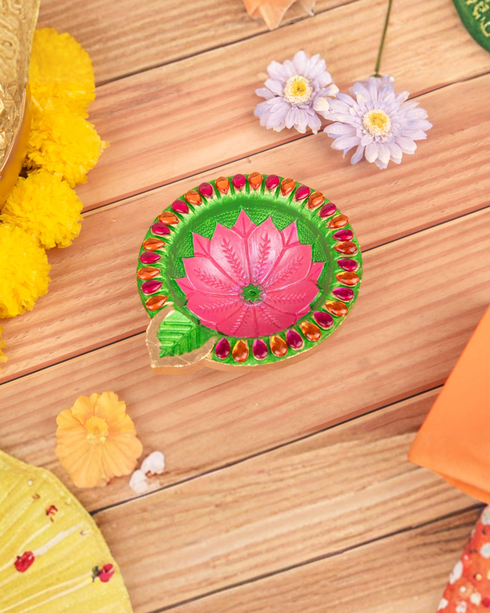 Premsons® Decorative Green Diya with Pink Floral Design | Handcrafted Wax Candle for Diwali, Puja & Home Décor