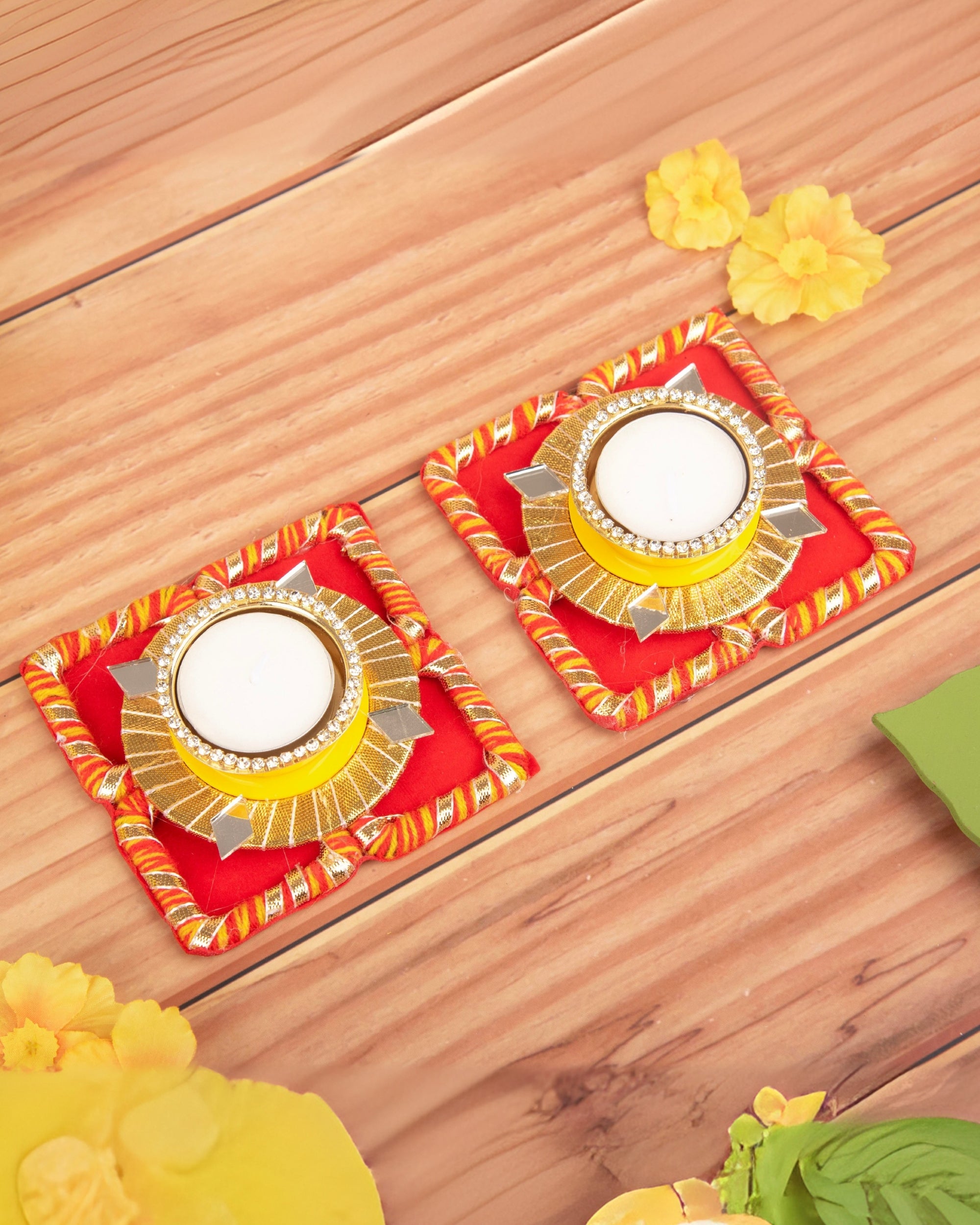 Premsons® Wax Decorative Square Diya – Red & Yellow | Handcrafted Festival Diyas for Diwali, Puja & Home Décor