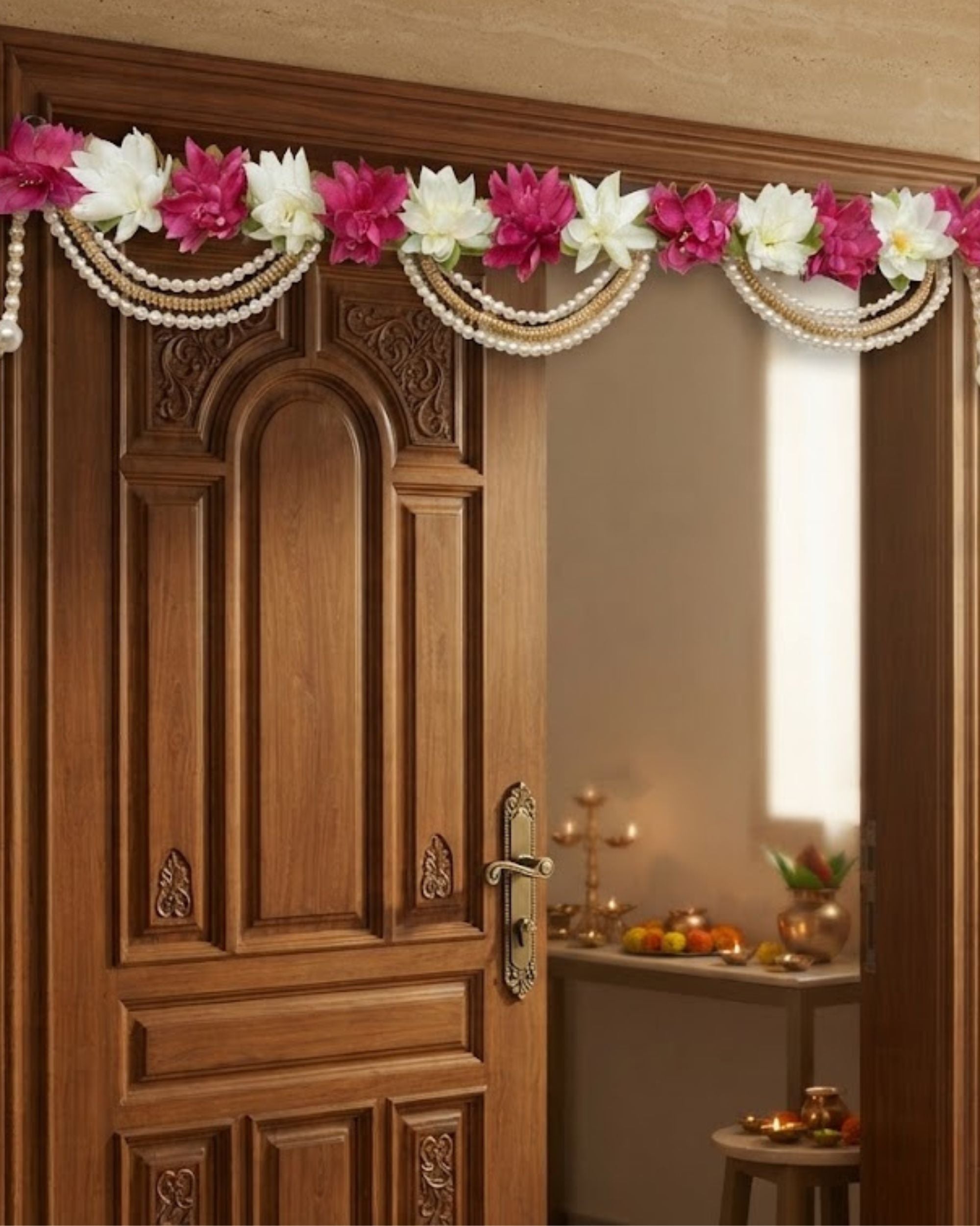 Premsons® Premium Handmade Magenta & Ivory Floral Toran for Main Door | Artificial Flower Bandarwal with Pearl & Gold Bead Chains | Door Hanging for Diwali, Wedding, Pooja & Housewarming Decor