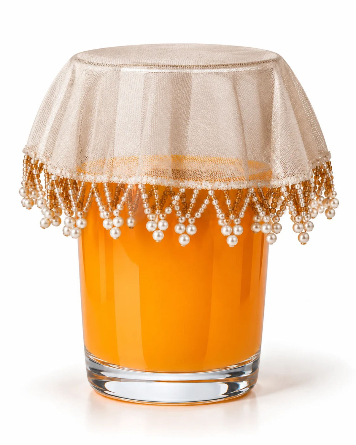 Cream net drink glass cover with golden beaded lace band and hanging pearls