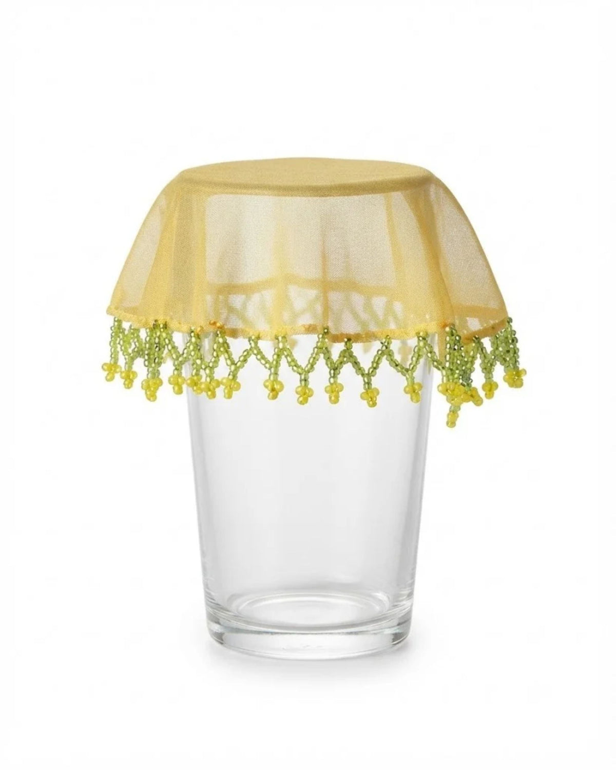 Yellow mesh drink glass cover with scalloped green beaded edge