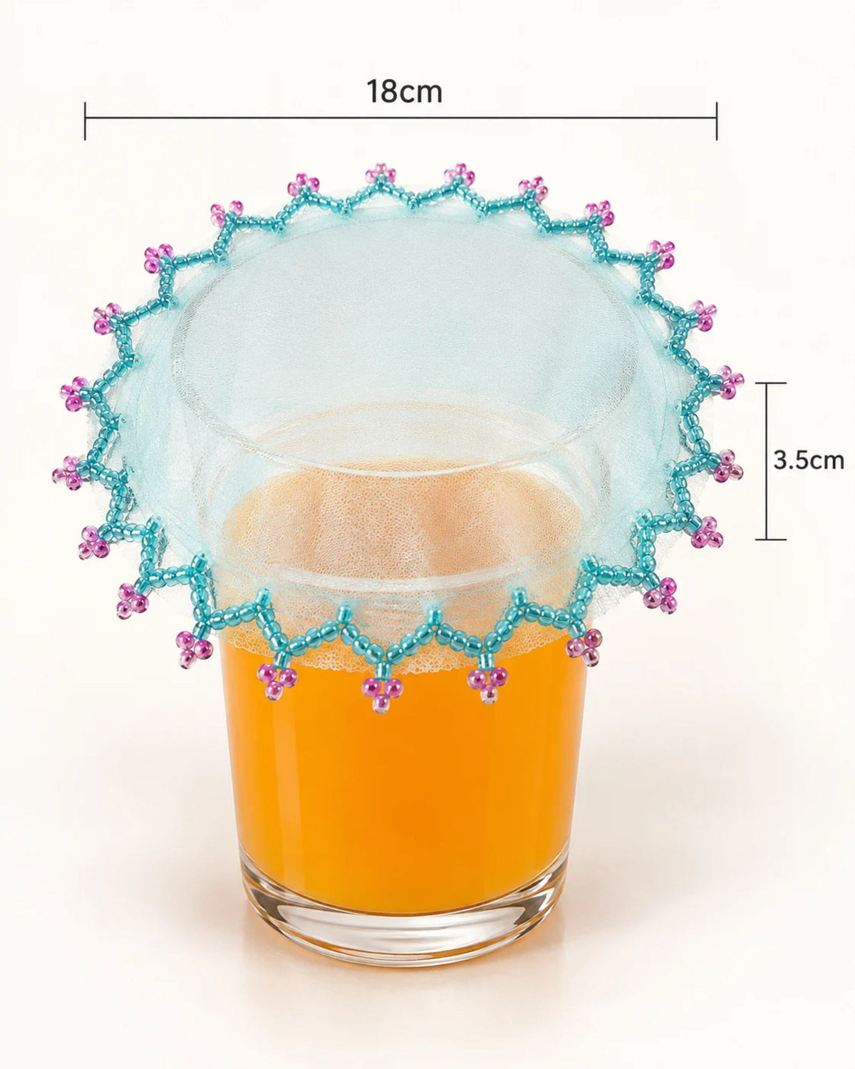 Light blue net drink glass cover, 18cm wide, with pink and blue bead trim