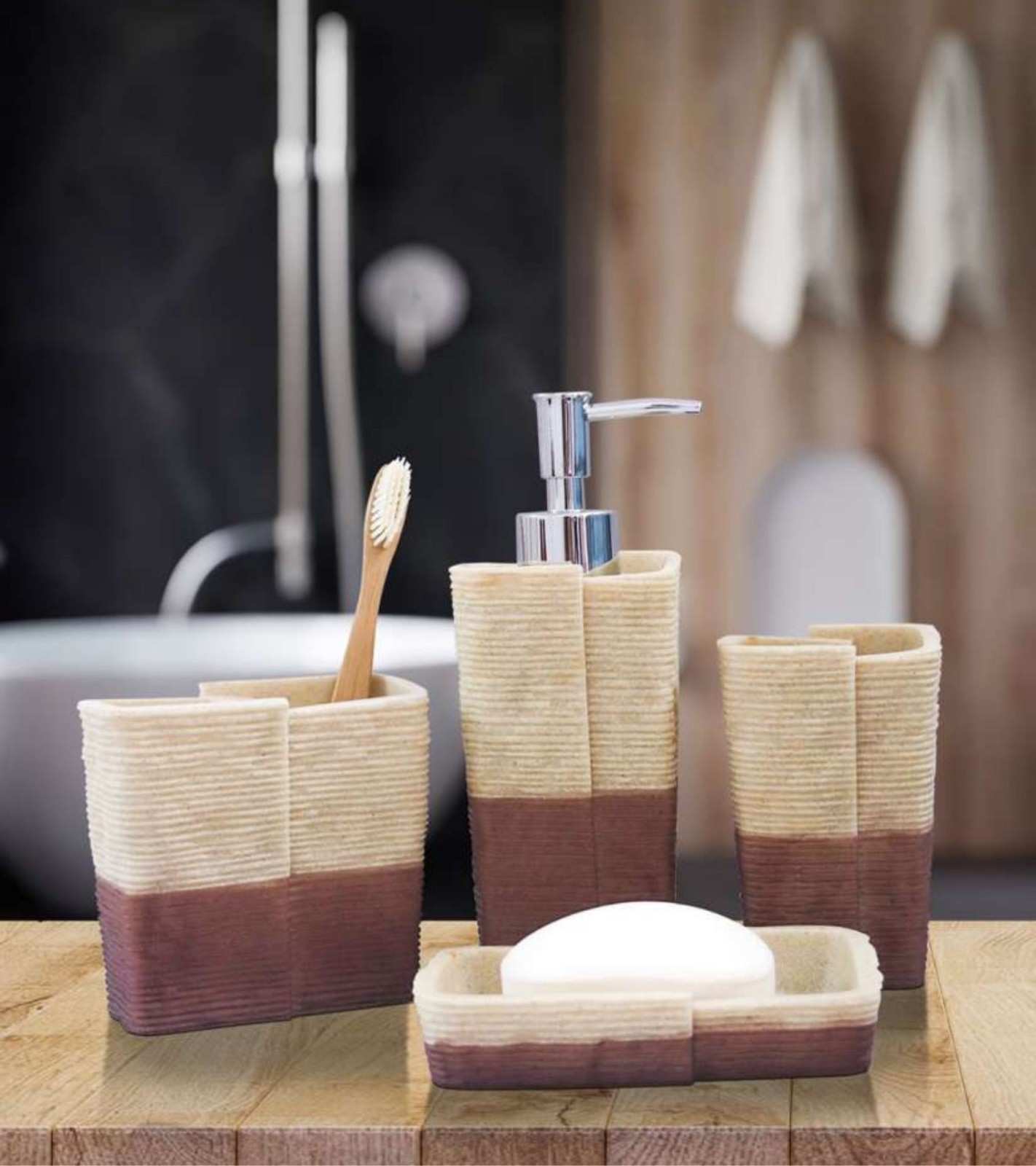 Premsons® Dune Bathroom Accessories Set of 4 – Dispenser, Soap Tray, Cup & Brush Stand – Durable Polyresin Finish