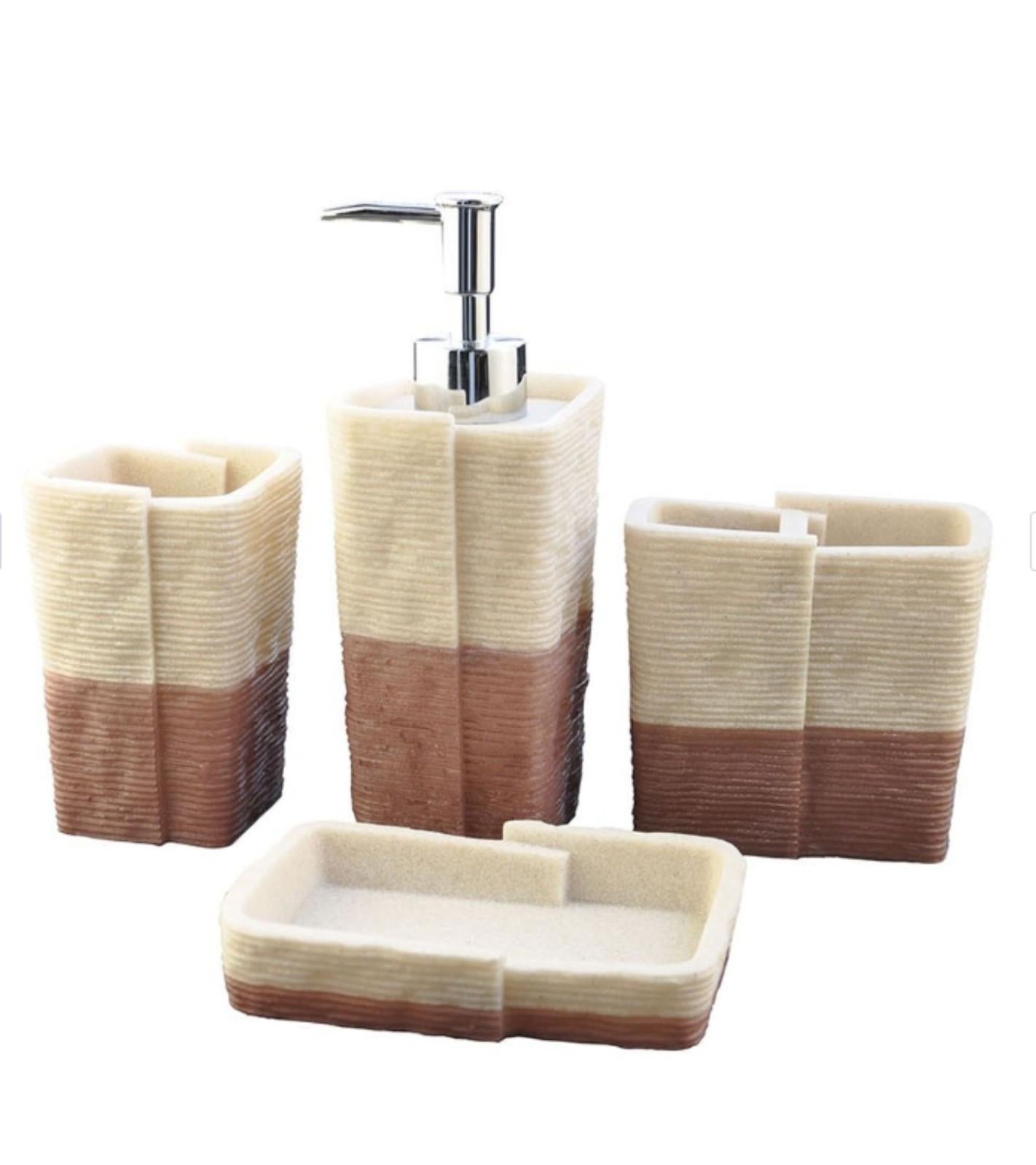 Premsons® Dune Bathroom Accessories Set of 4 – Dispenser, Soap Tray, Cup & Brush Stand – Durable Polyresin Finish