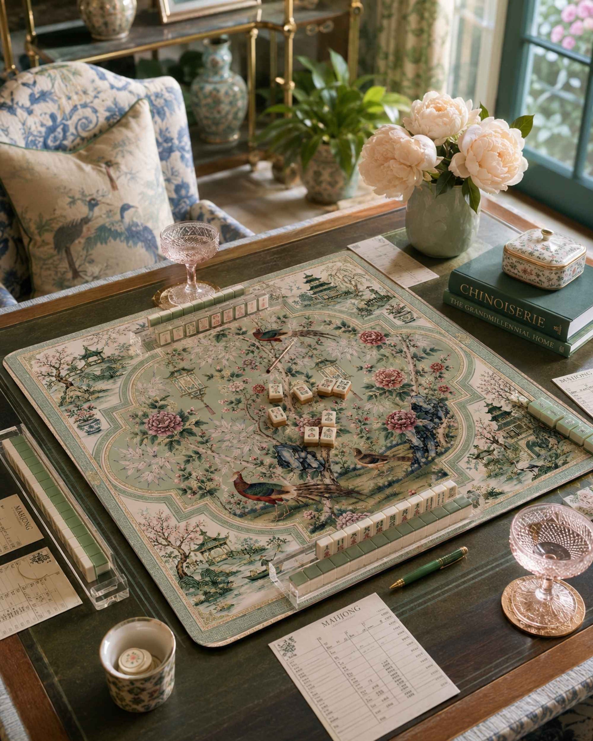 Ornate floral mahjong table mat with green border and central circle design