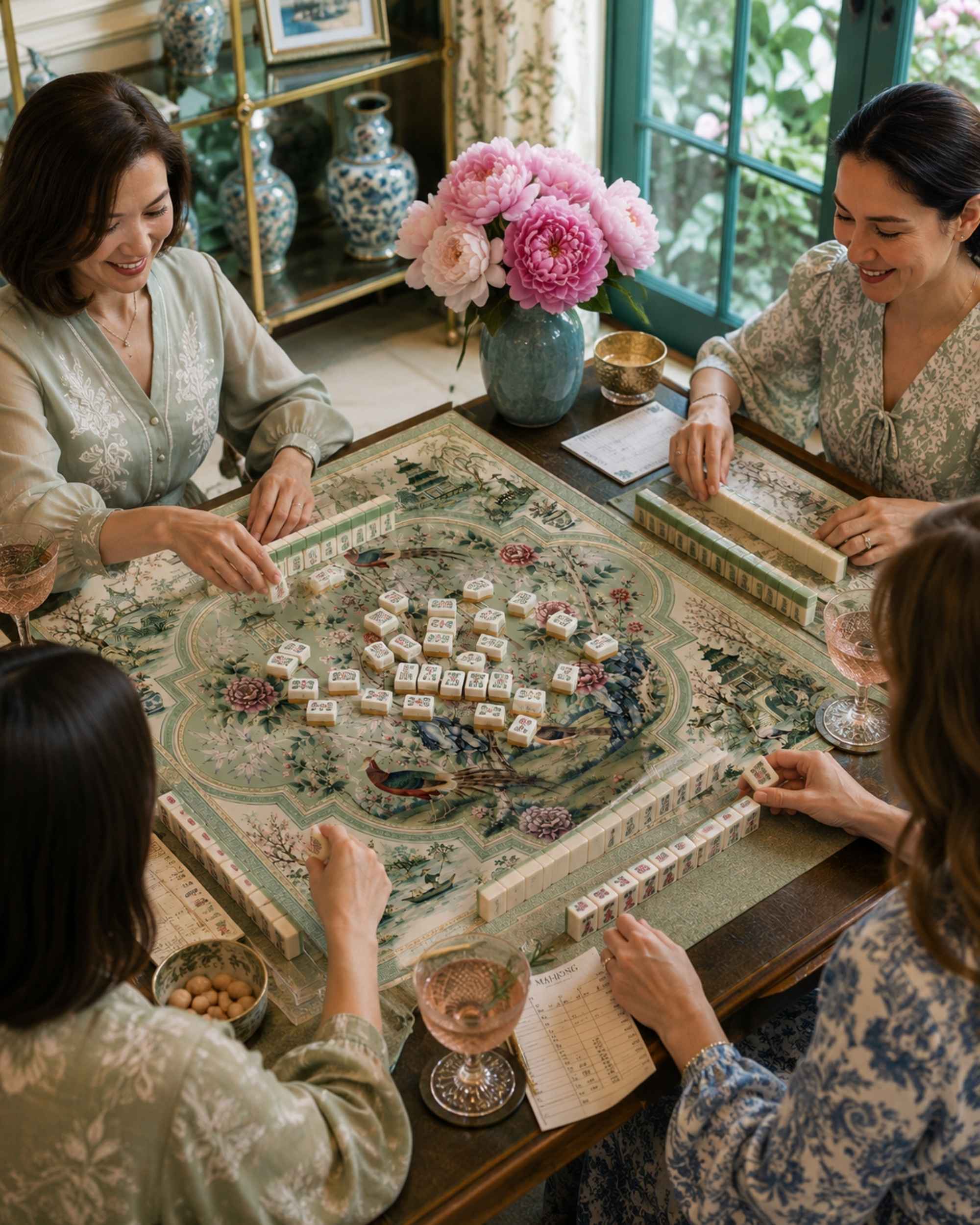 Mahjong table mat spread on a table with tiles, used for game play