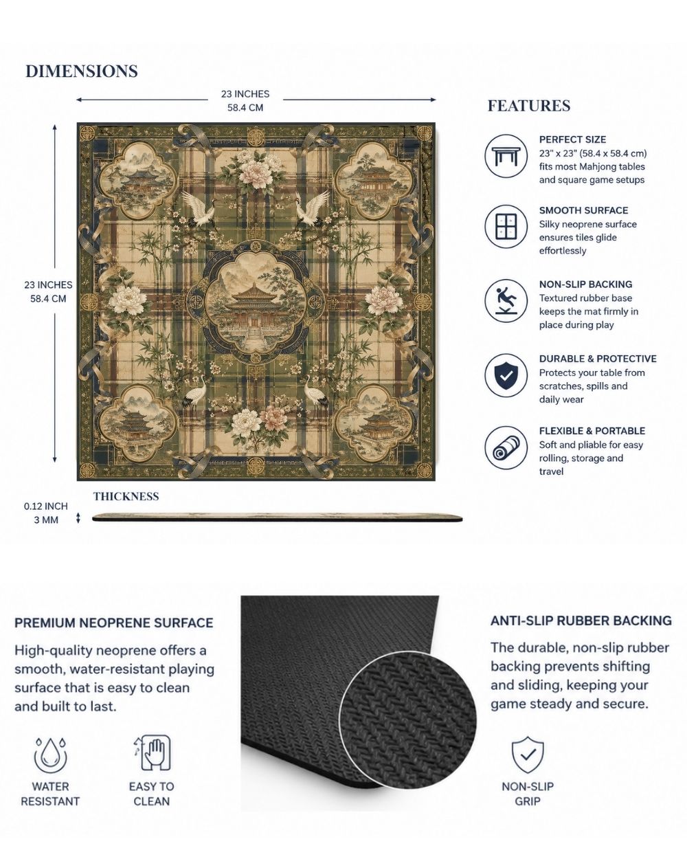 Premsons® Dynasty Plaid Mahjong Table Mat – Premium Anti-Slip Square Gaming & Decorative Mat - 23 x 23 inch - Versatile Non-Slip Play Surface