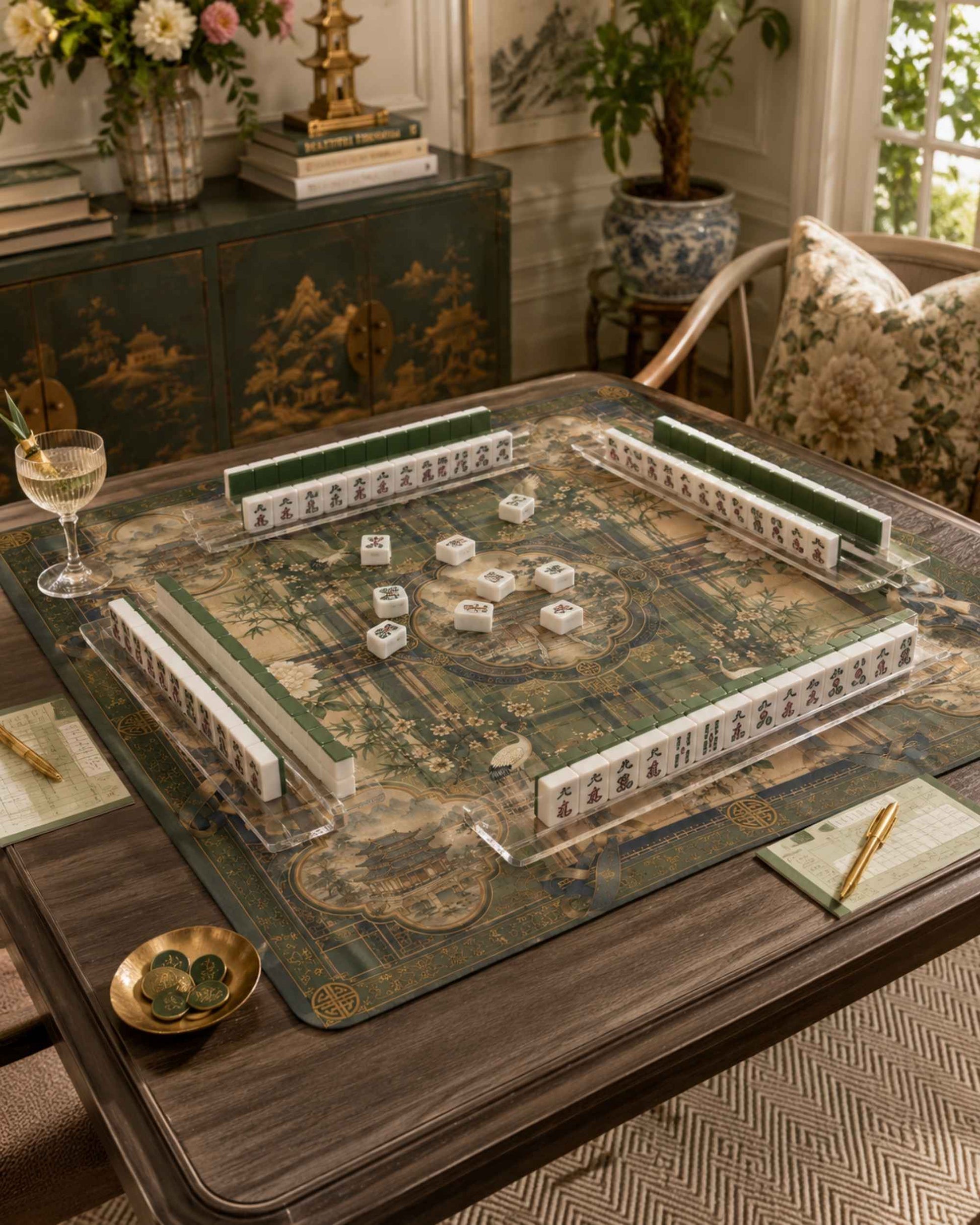 Square game table mat in green and beige with central medallion and decorative edging