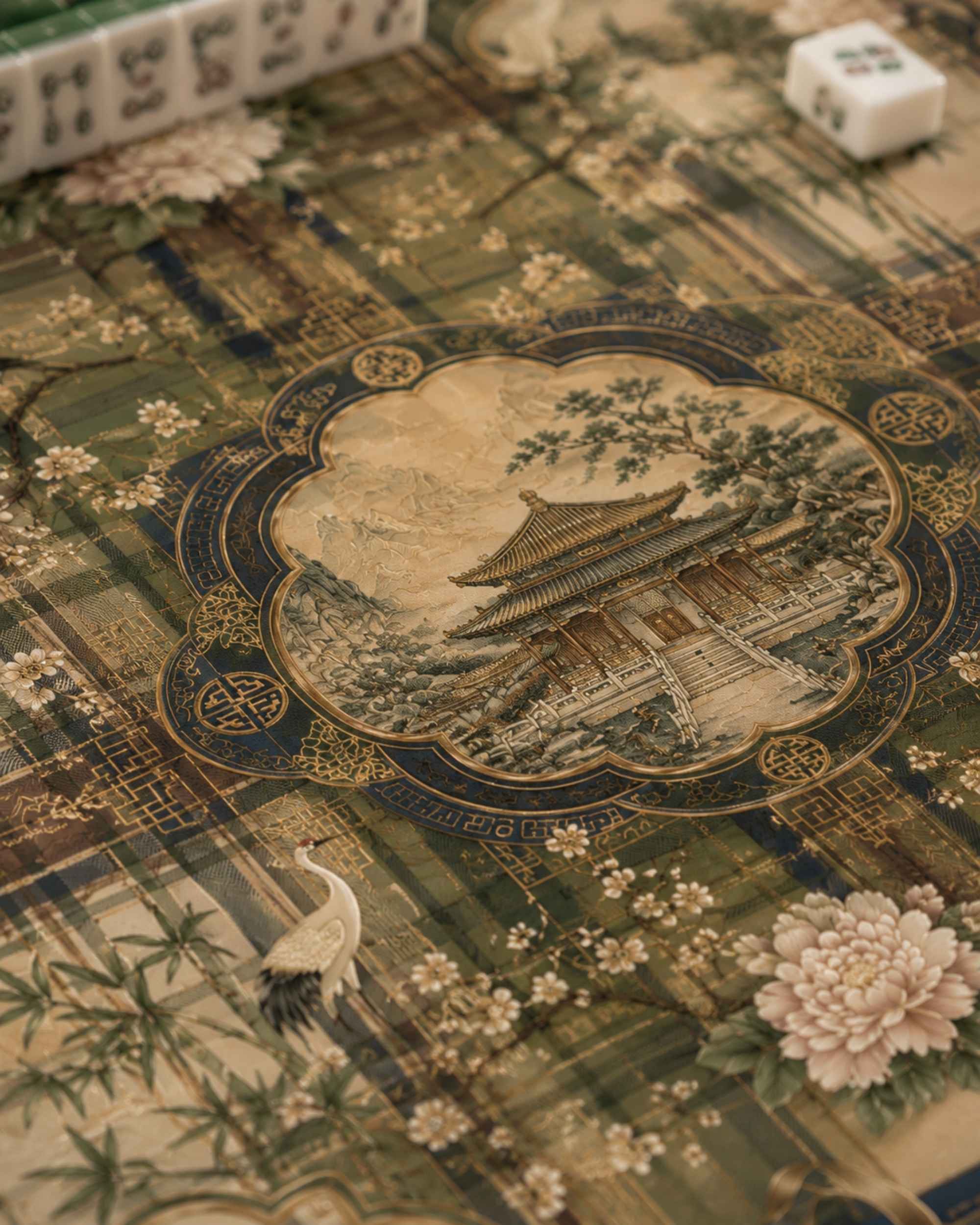 Square game mat close-up with green-and-beige scene medallion and floral accents