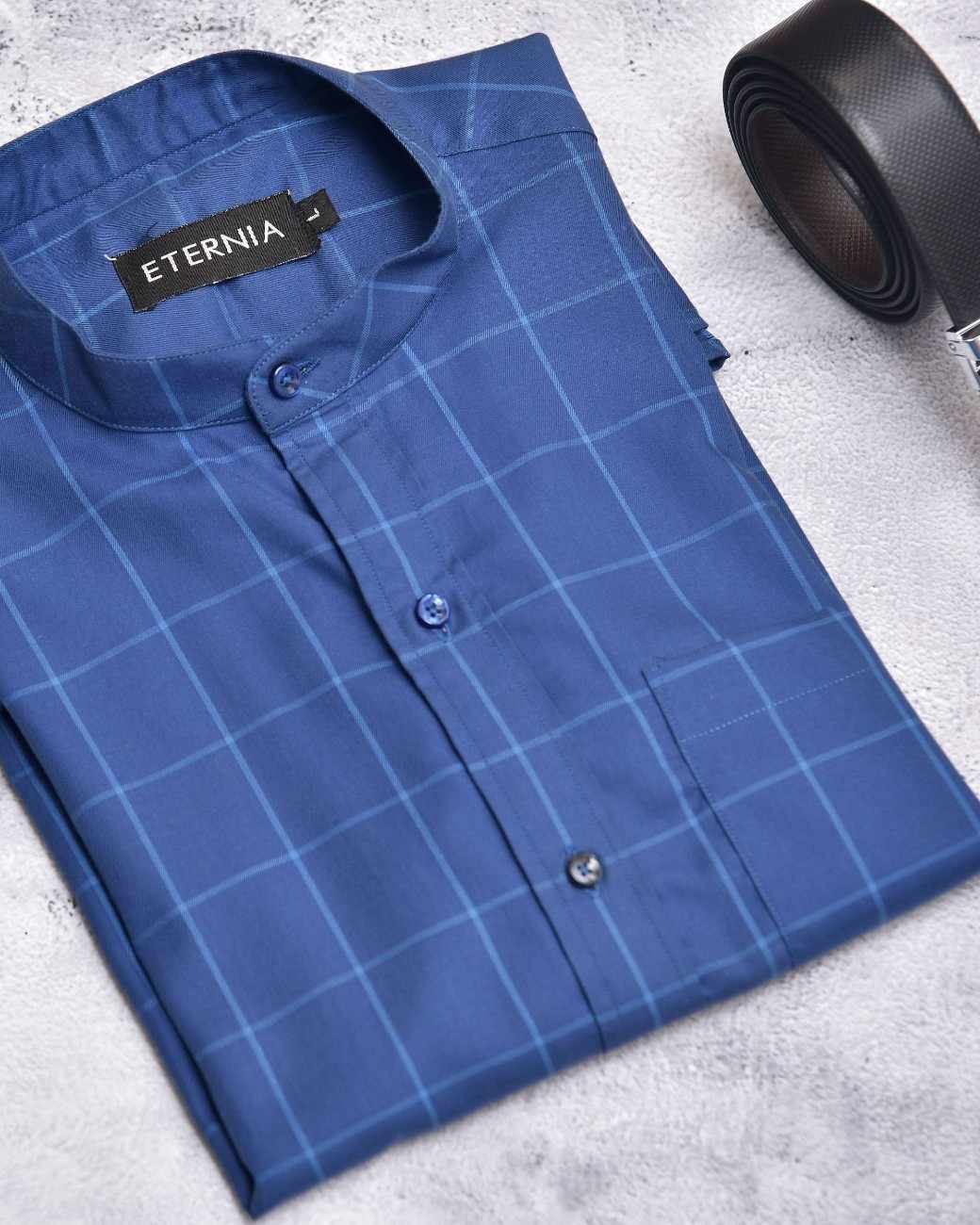 Eternia® Classic Men’s Linen Shirt – Premium Comfort for Every Season - Windowpane Checks - Navy Blue