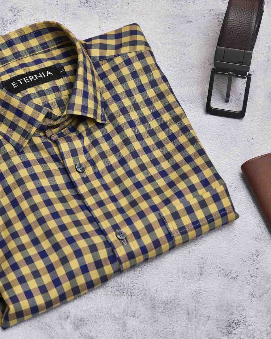 Eternia® Classic Men’s Linen Shirt – Premium Comfort for Every Season - Yellow & Blue Checkered Pattern