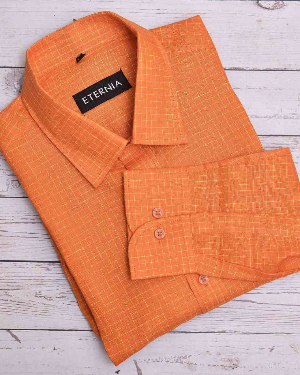 Eternia® Classic Men’s Linen Shirt – Premium Comfort for Every Season - Windowpane Checks - Orange