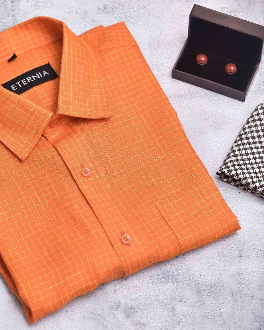 Eternia® Classic Men’s Linen Shirt – Premium Comfort for Every Season - Windowpane Checks - Orange